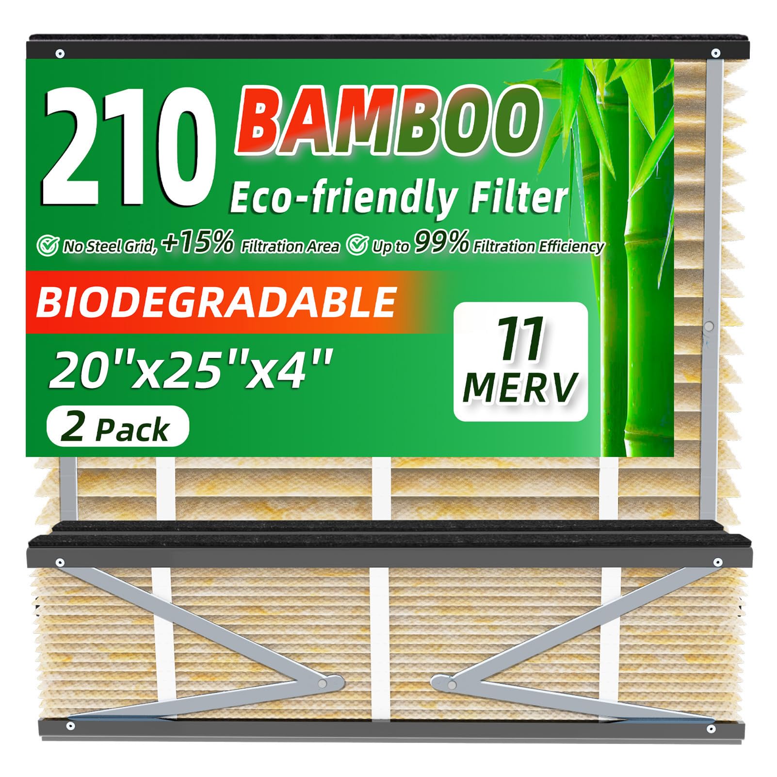 2 Pack 210 Bamboo Air Filter Replacement Biodegradable MERV 11 Fit for AprilAire Models 1210, 1620, 2216, 2210, 3210, 4200, 20x25x4 Furnace Filter,