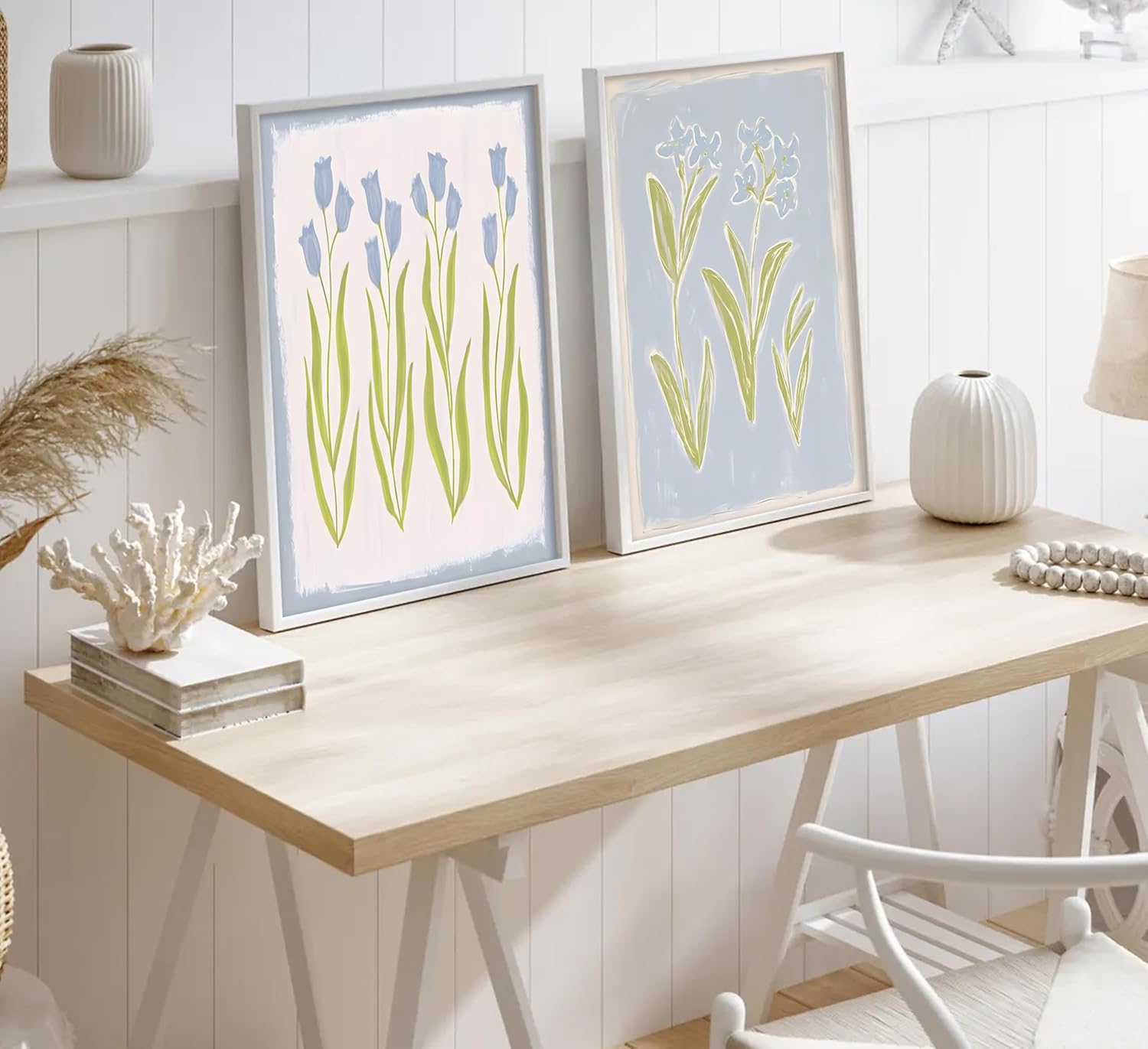 3Pcs Blue Green Tulip Hydrangea Flower Wall Art Flowers Plant Aesthetics Painting Picture Decor Elegant Preppy Poster Print Artwork for Living Room Gallery Bedroom Dorm Home Decoration