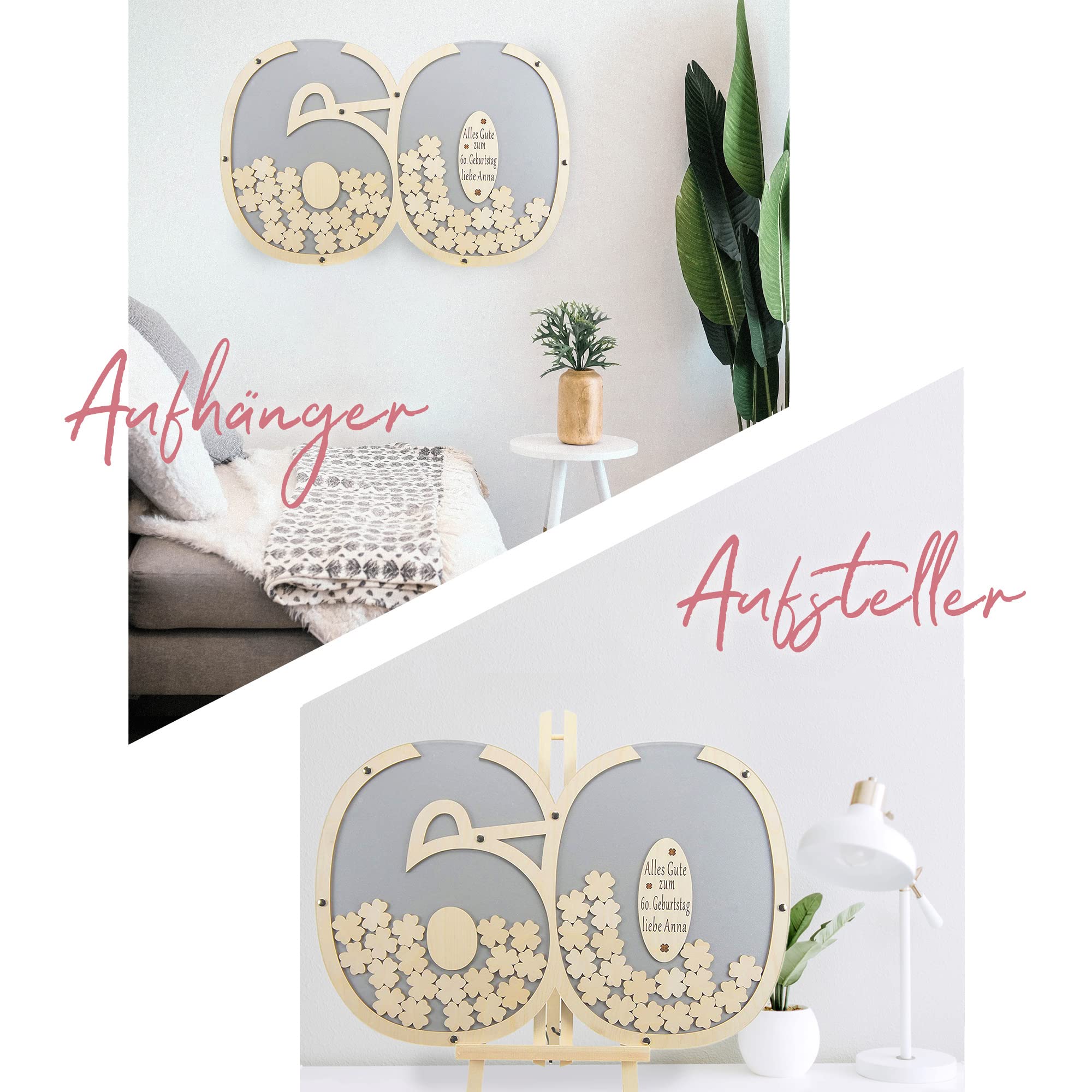 Gästebuch personalisierbar mit Holzzahlen 60 | 40x60 cm in Grau | Holz Kleeblätter zum Beschriften - Geburtstag Geschenk für Frau & Mann - 60. Geburtstag | Made in Germany