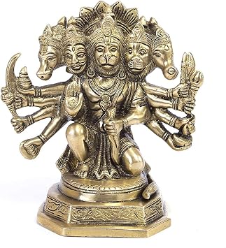 Brass Panchmukhi Hanuman Statue Gold, 7x4x7-inch
