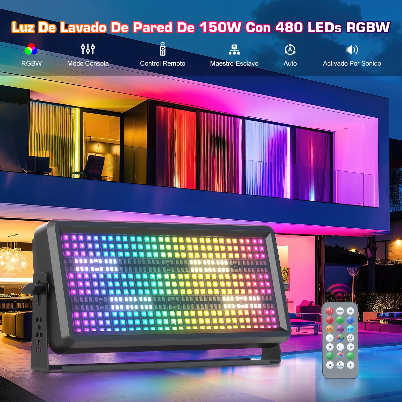 2 pezzi 150W LED RGBW Wallwasher 450 LEDs Barra Luminosa Stroboscopica Effettouce Luce da discoteca con Telecomando per DJ Discoteca Luci da Palco Bar Interno ed esterno Illuminazione