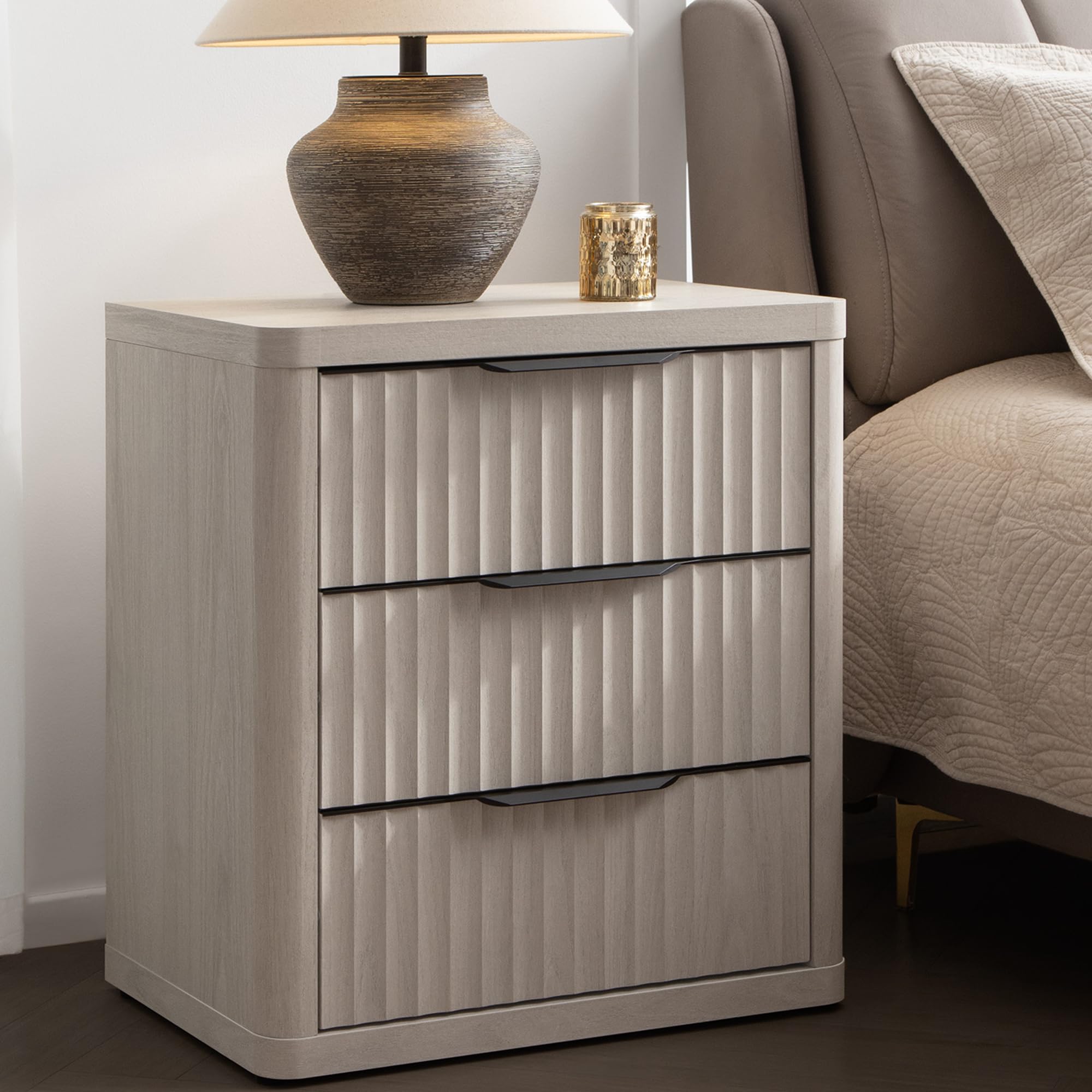 SICOTAS Night Stand Nightstand with 3 Drawers Storage Bedside Table Large Fluted Bed Side End Table Modern 25.6" Tall Wide Night Stands for Bedroom