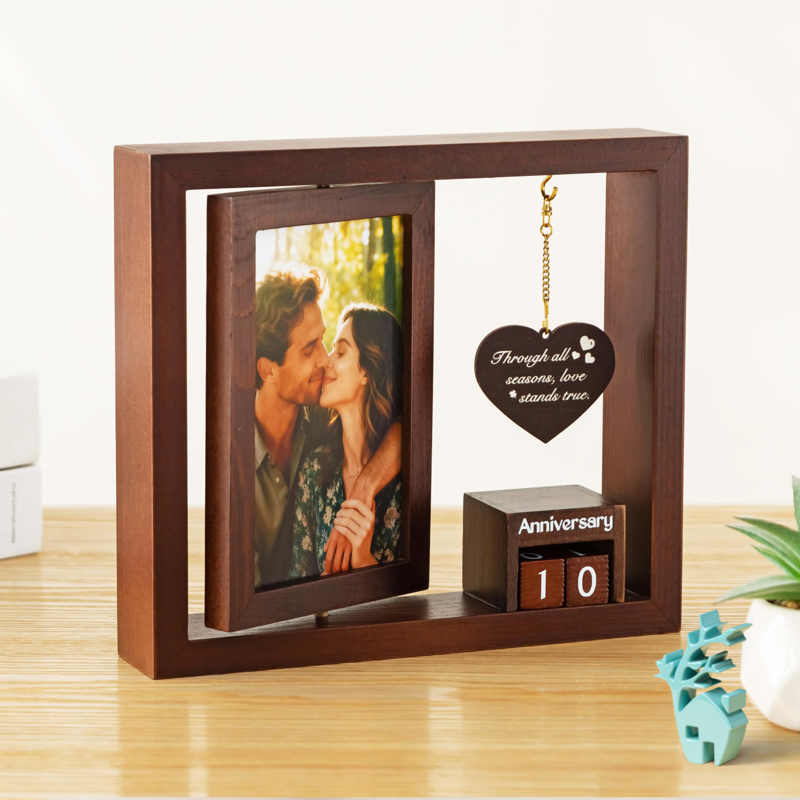 Baffect Wedding Anniversary Present For Couple, Rotating Wedding Photo Frame For 2 Pictures（4" × 6" ）, With 1 To 99 Year Adjustable Anniversary Accessories, Wooden Engagement Present For Her/Him