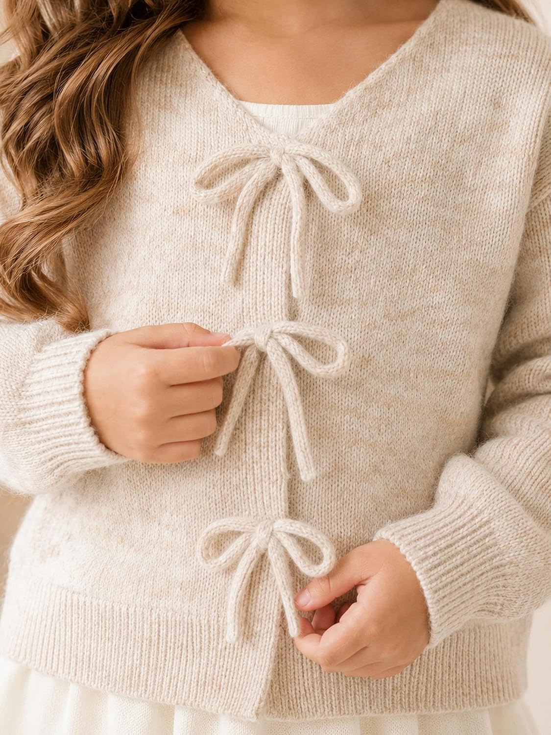 Girls Bowknot Front Knit Cardigan Soft Lightweight Open Front Sweater