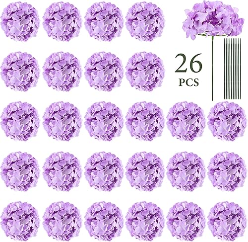 Auihiay 26 flores artificiales de hortensias, flores de hortensias artificiales moradas, cabezas de hortensias de seda con tallos para el hogar,