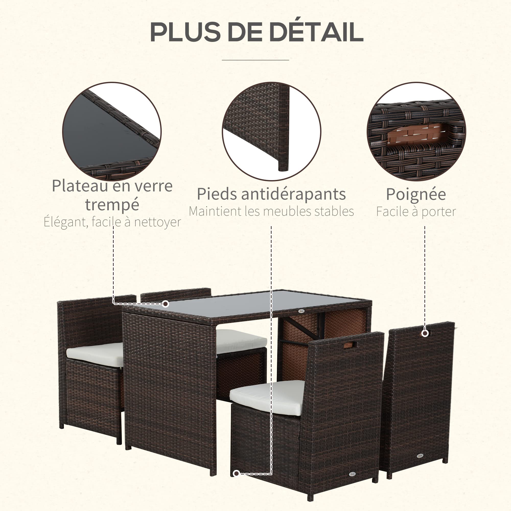 Outsunny Ensemble Salon de Jardin encastrable 4 chaises monoblocs avec Coussins déhoussables et Table résine tressée Chocolat
