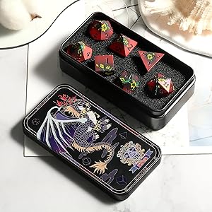 DNDND Metal Dice, 7 PCS Metallic Flowers D&D Dice with Gorgeous Gift Case for D&D Dungeons and Dragon Tabletop Game (Red and Yellow)
