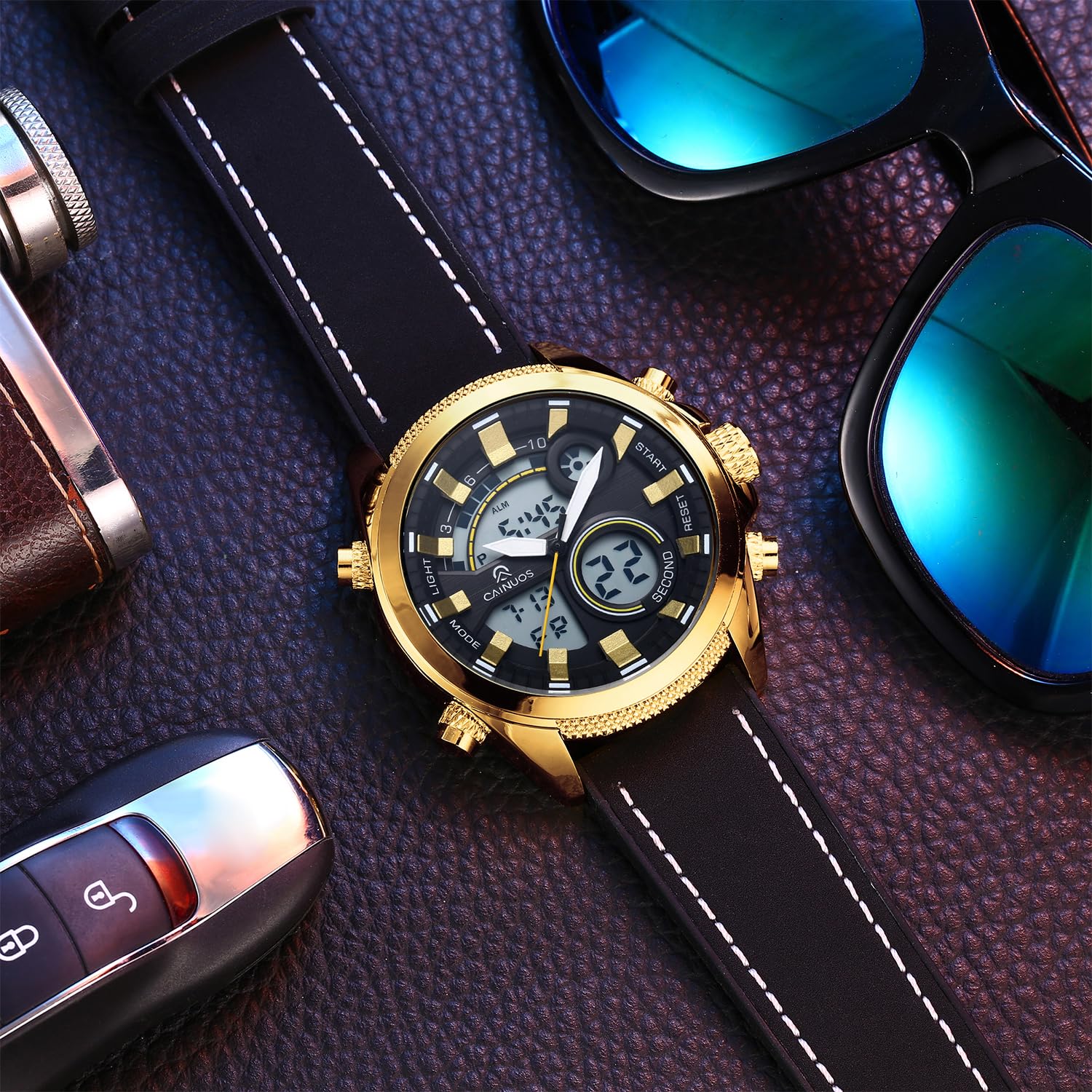 Orologio da uomo analogico digitale con doppio display, movimento al quarzo + elettronico, quadrante grande da 46 mm, resistente all'acqua fino a 30 m, cinturino in pelle e silicone