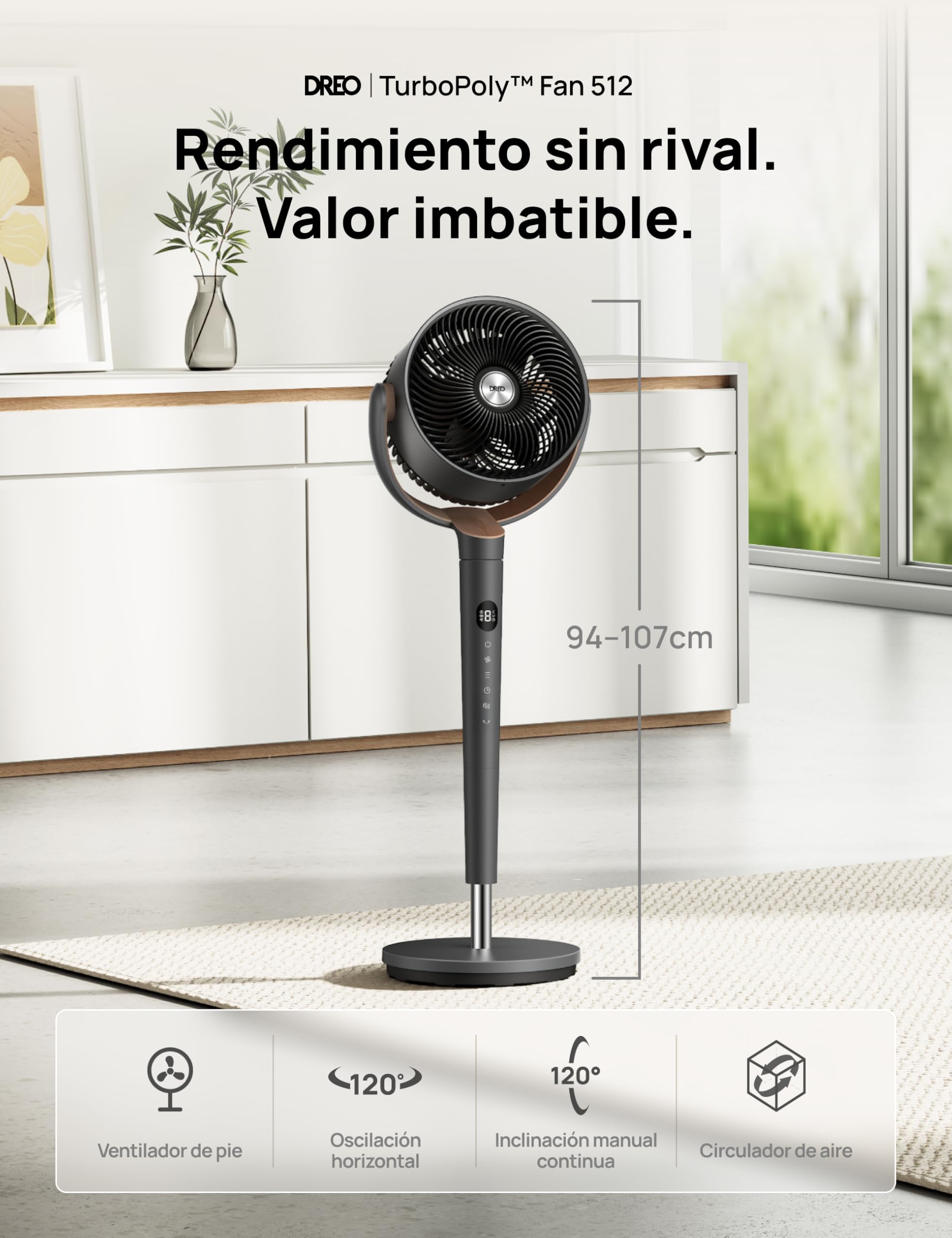 Dreo ventilador de pie muy silencioso con control remoto, ventilador grande 20 dB con motor CC, oscilación 120°, 3 modos, altura ajustable 94–107 cm, ventilador de suelo TurboPoly™ 512