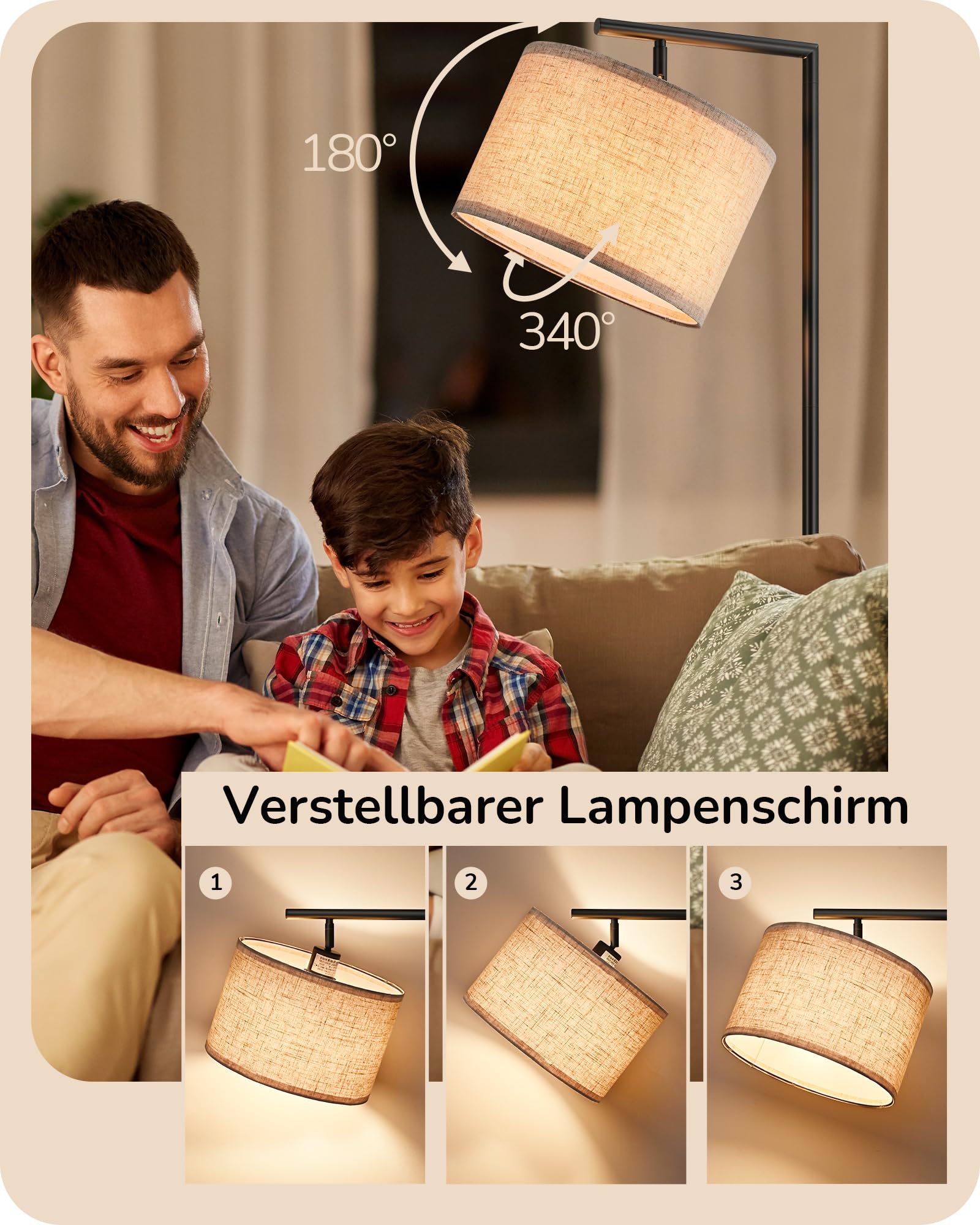 EDISHINE Stehlampe Wohnzimmer 160cm, Bogenlampe Modern mit Beigen Verstellem Leinen-Lampenschirm, LED E27 Glühbirne inklusive, Schwarz Leselampe Stehleuchte für Schlafzimmer, Kinderzimmer