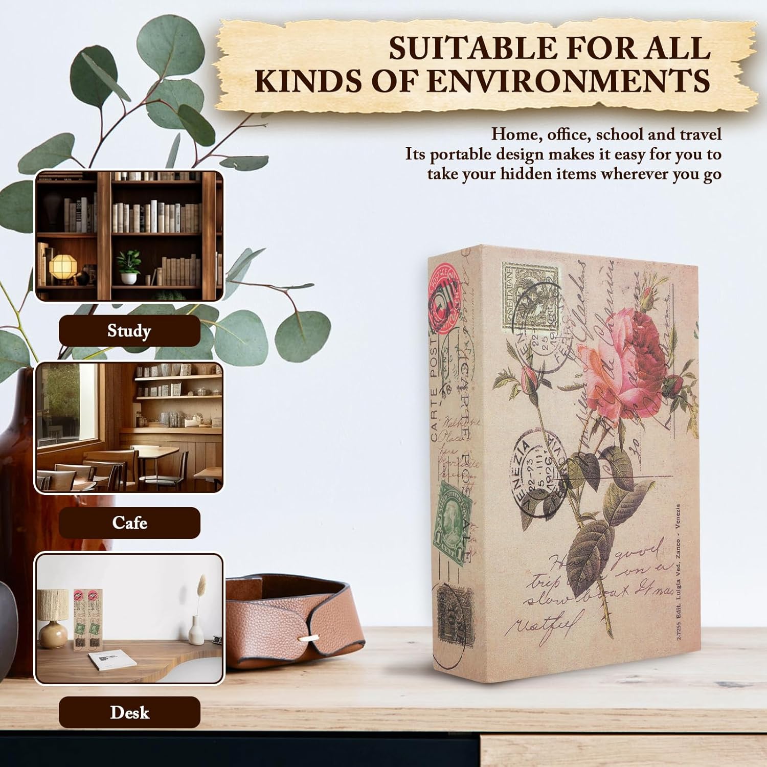 Decorative Book Safe Lock Box, Hidden Safe Box w Security Combination Lock, Portable Hollowed out Book w Hidden Compartment, Fake Book Storage Box,Secret Hiding Containers for Cash Key Jewelry (Tan)