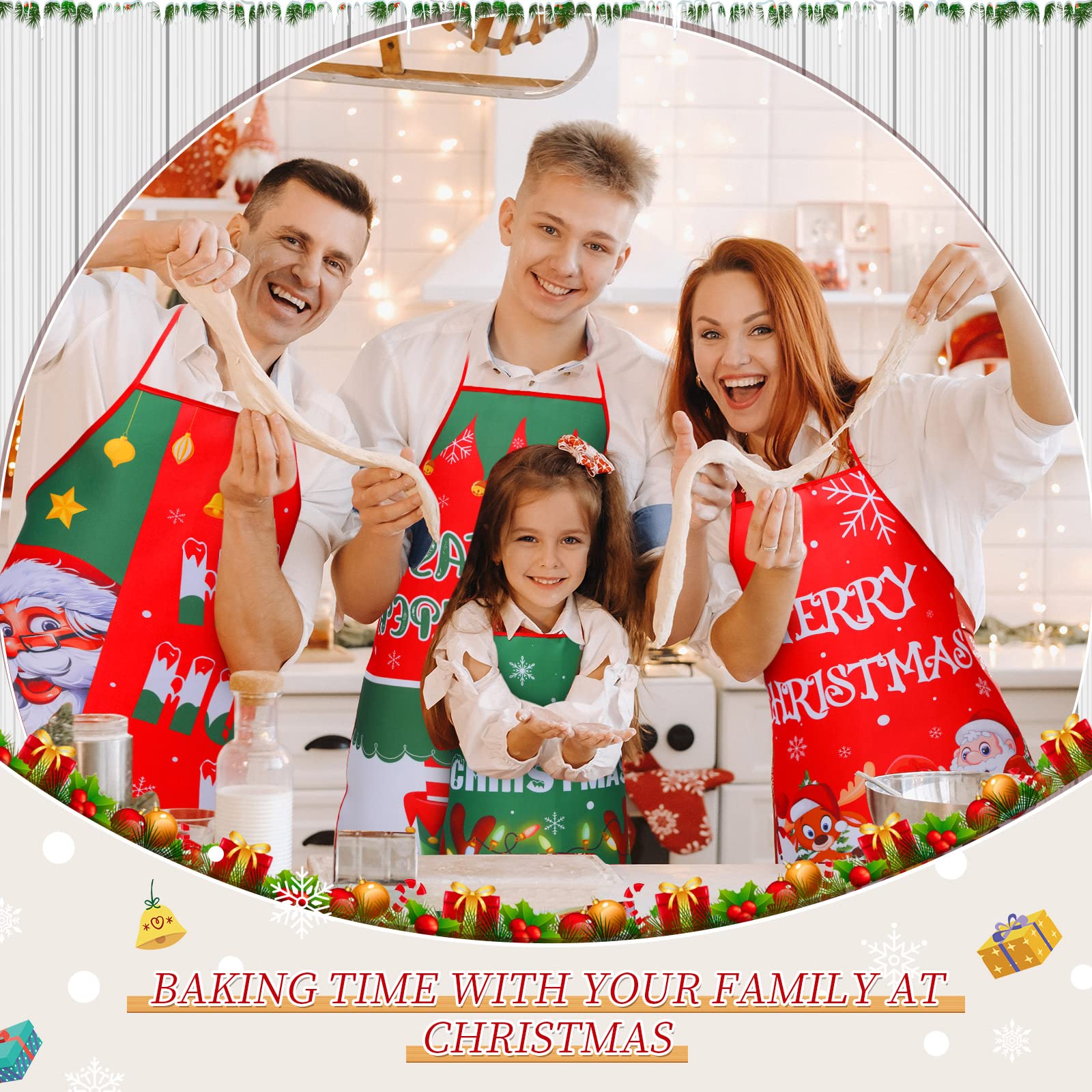 Kigeli 8 Pieces Christmas Kitchen Cooking Apron Adjustable Holiday Santa Claus Snowman Apron for Women Holiday Decoration(Cute)