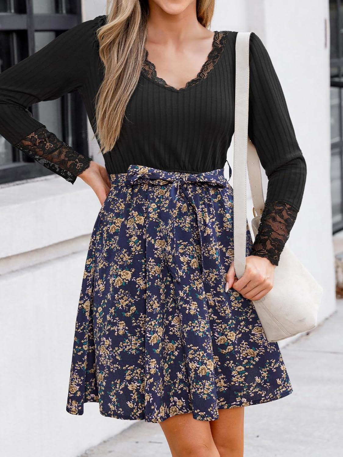 CUPSHE Women's Floral Ruffled Mini Dress V Neck Long Sleeve Waist Tie Lace Trim Casual Dresses - Image 3