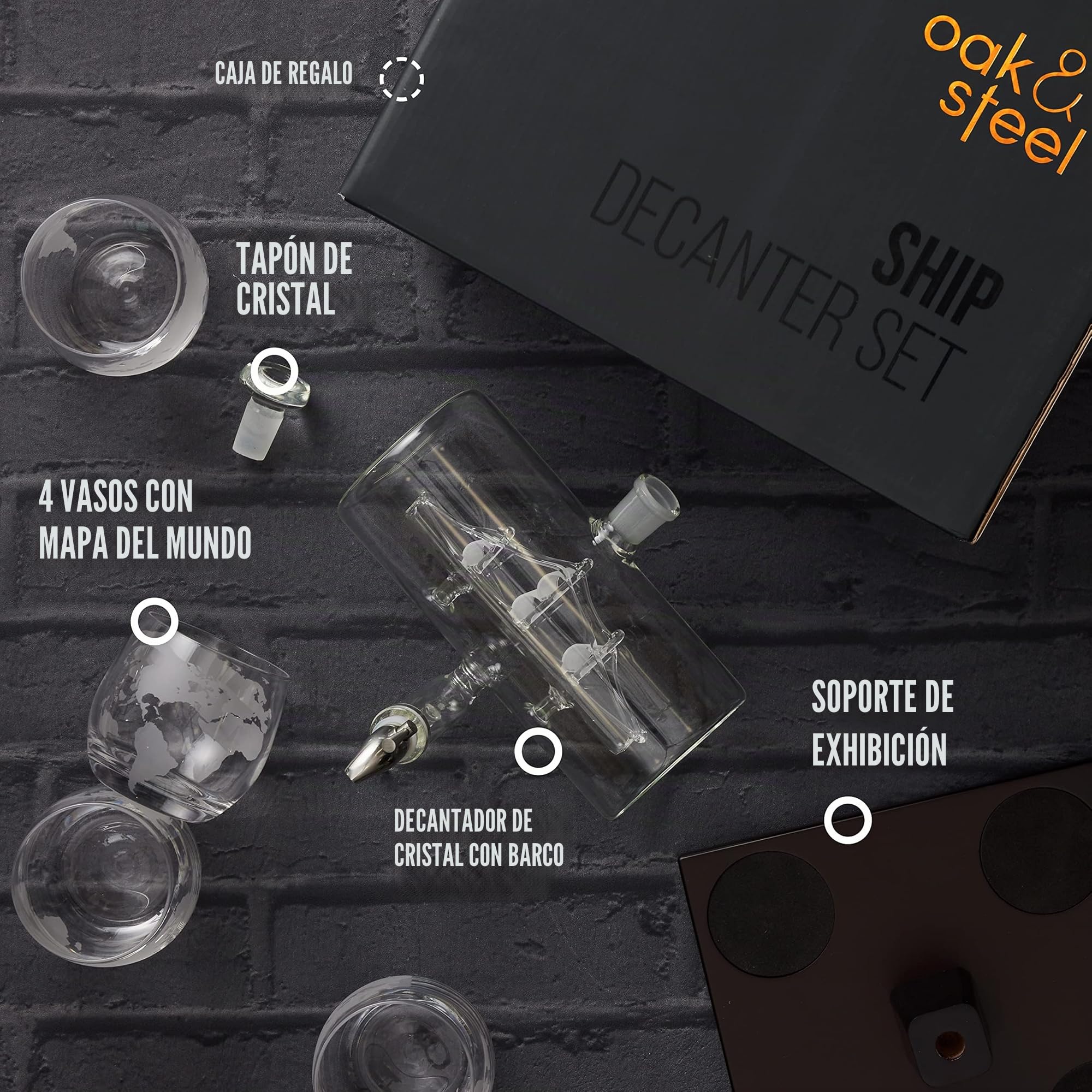 Oak & Steel - Juego Decantador De Whisky mas Set de 4 Vasos - Decantador Aireador para Bebidas Espirituosas Ideal para Ocasiones Especiales - Capacidad de 1000 ml