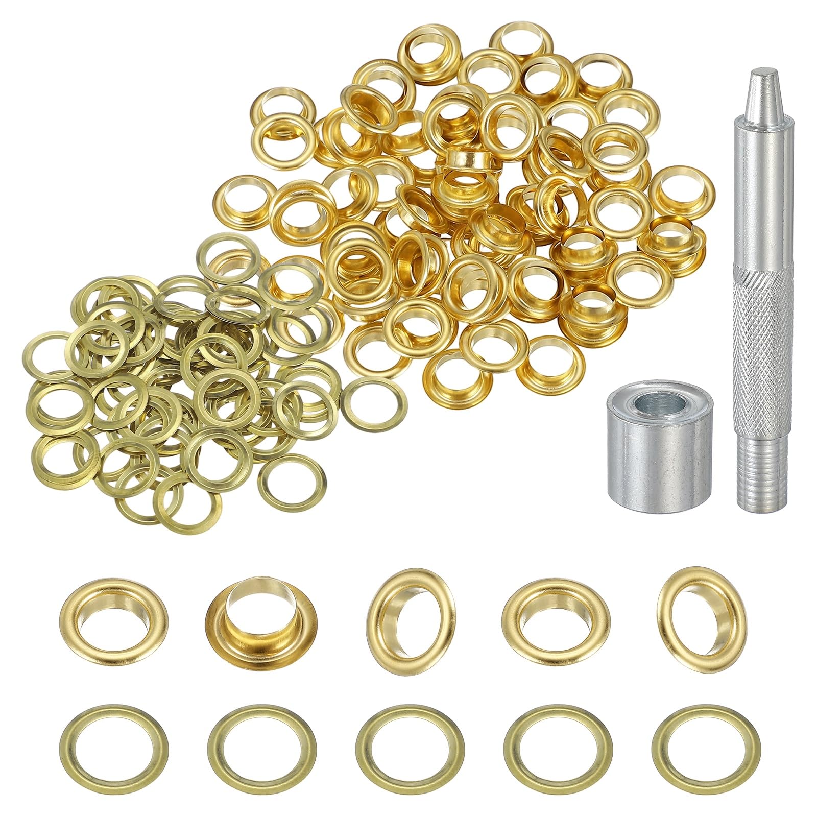 sourcing map 80Set Grommets Eyelets 8mm Copper Eyelets Kit with Washers & Setting Tool for Fabric Curtain Tarps Leather Belt Shoes Bag DIY, Gold