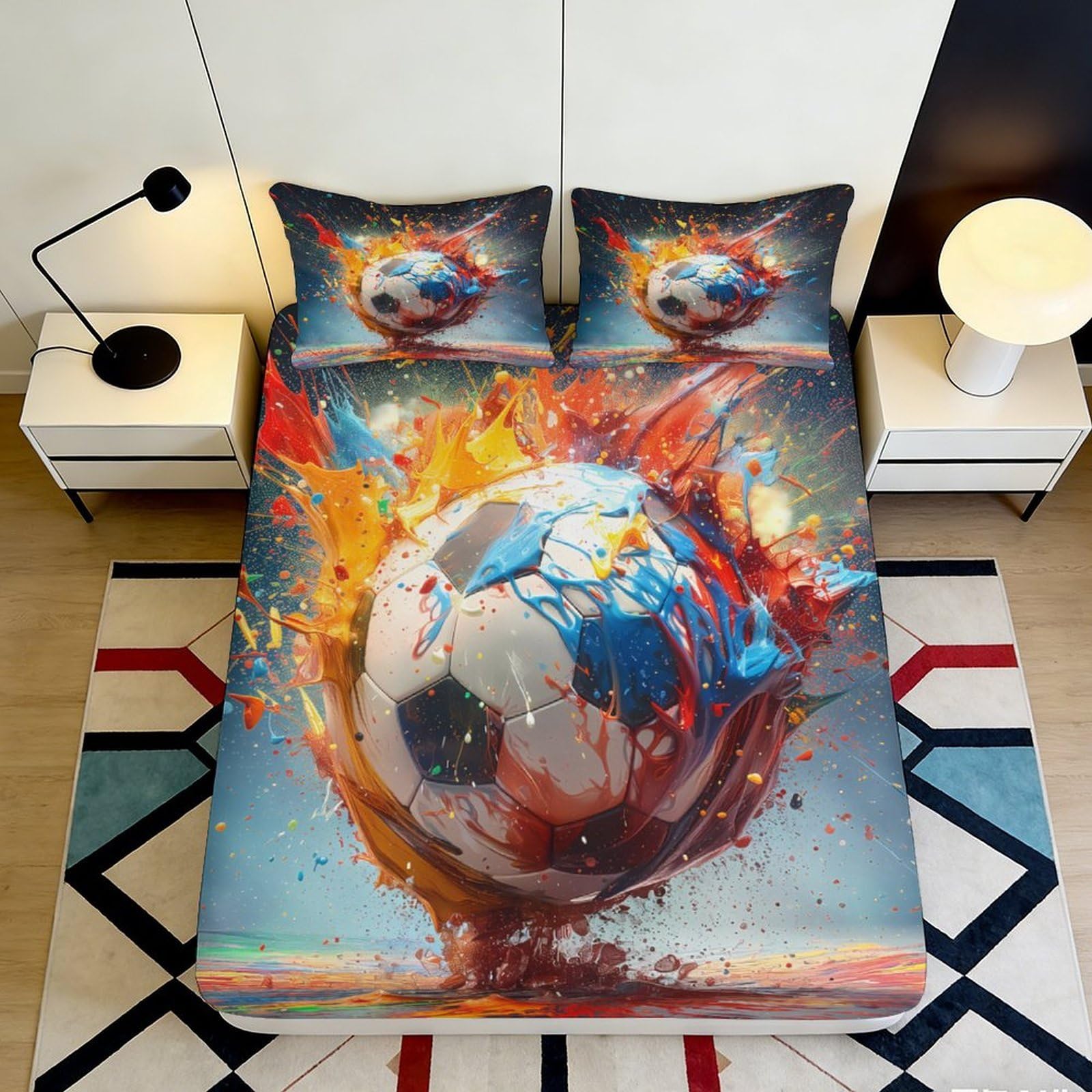 3D Printed Colorful Splash Soccer Ball Fitted Sheet Microfiber Soft Durable Vibrant Football Mattress Cover for Bedroom Dormitory Guest Room Protection 90x200x25cm