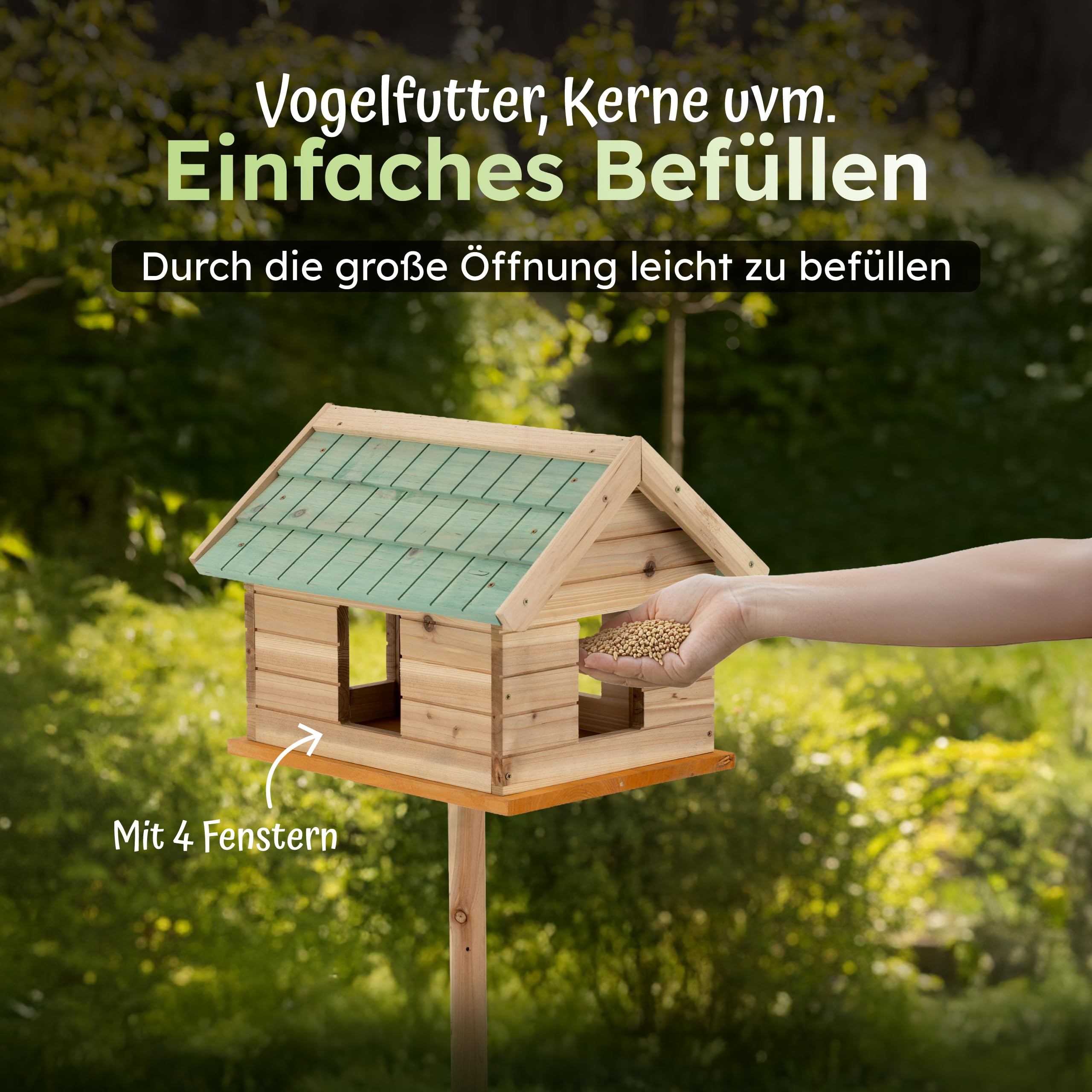 Moorland Vogelhaus mit Ständer & Fenster aus FSC® Tannenholz ganzjährig | 135cm hoch grünes Schindeldach geschlossenes Vogelfutterhaus wetterfestes Futterhäuschen für Vögel Ganzjähriges grünem VH2