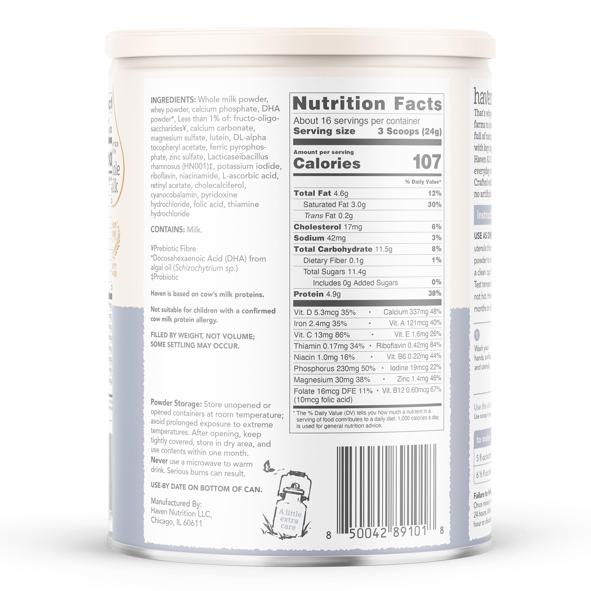 Haven A2 Kuh-Kleinkindformel, Vollmilch, ohne Zuckerzusatz, keine Samenöle, Grasmilch aus Neuseeland, DHA Omega-3, Probiotika und Präbiotika, Lutein, leicht verdaulich, ab 12 Monaten, 400 ml (6er-Pack