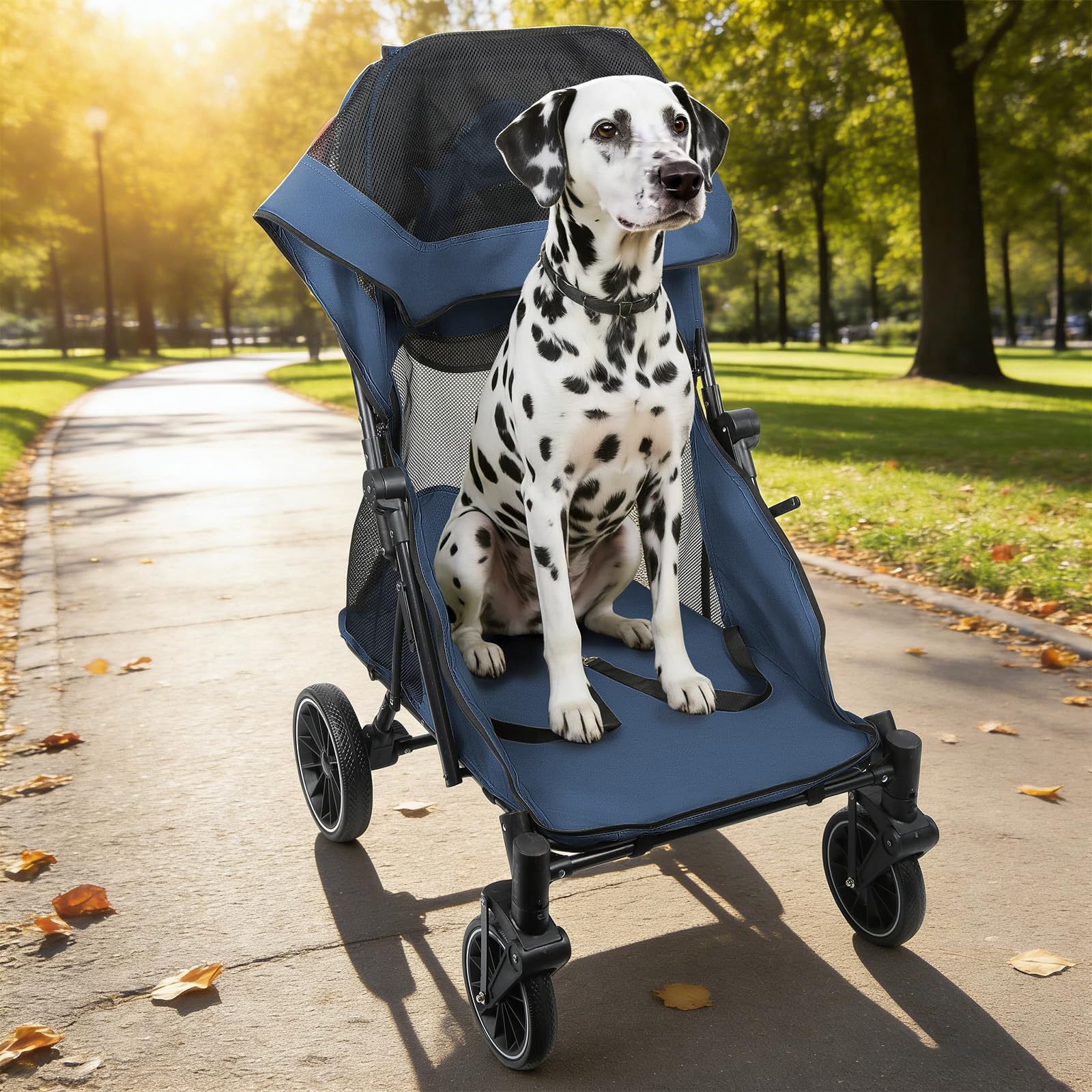 OHMG Grande Poussette chien chat,buggy,poussette pour chien 4 roues en EVA chariot pour chat pliage en un clic, laisse de sécurité, charge 45 kg,avec fenêtre en filet,Ceintures de sécurité
