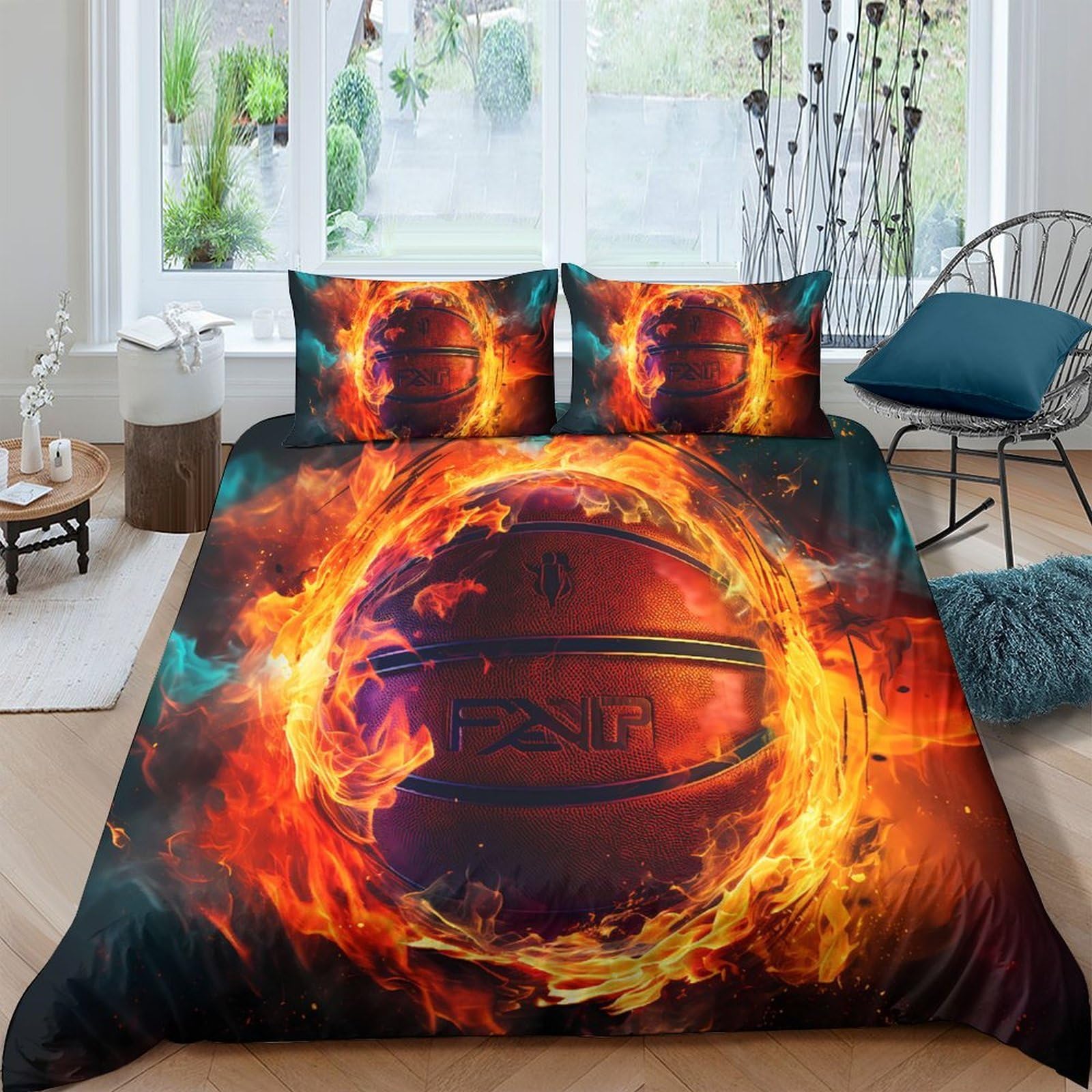 TUFRTGYHN 3D Printed Fire Basketball Duvet Cover Set Microfiber Soft Orange Black Quilt Cover with 2 Pillowcases for Bedroom Decor Single（135x200cm）