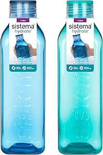Sistema Square Water Bottles | 1L | Leakproof Kids Water Bottles | BPA-Free | Ocean Blue & Minty Teal | 2 Count