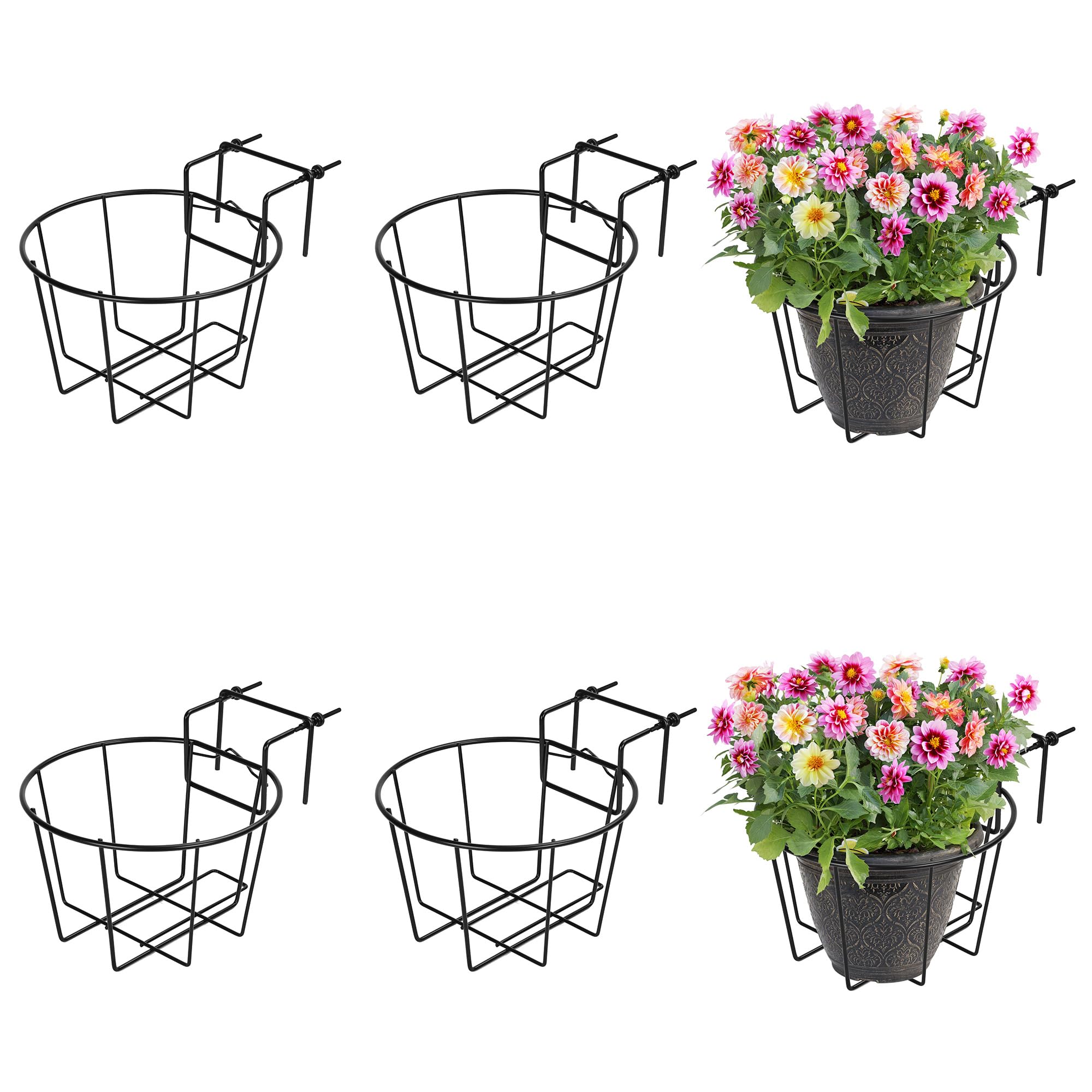 TQVAI 6 Pack Hanging Railing Planter Adjustable Deck Rail Planters, Plant Stand Flower Pot Holder Wire Baskets for Orchid, Patio Ledge, Balcony, Fit for 1.5” to 3.5” Railing, Black