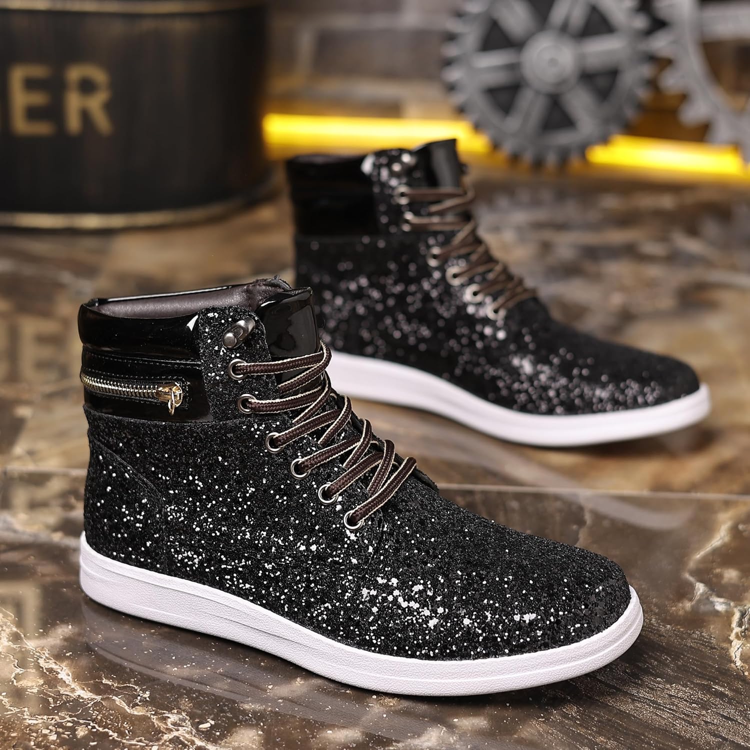 Trsorini Glitter Mens Shoes High Top Fashion Sparkly Sneakers Shiny Bling Sequin for Male - Image 3