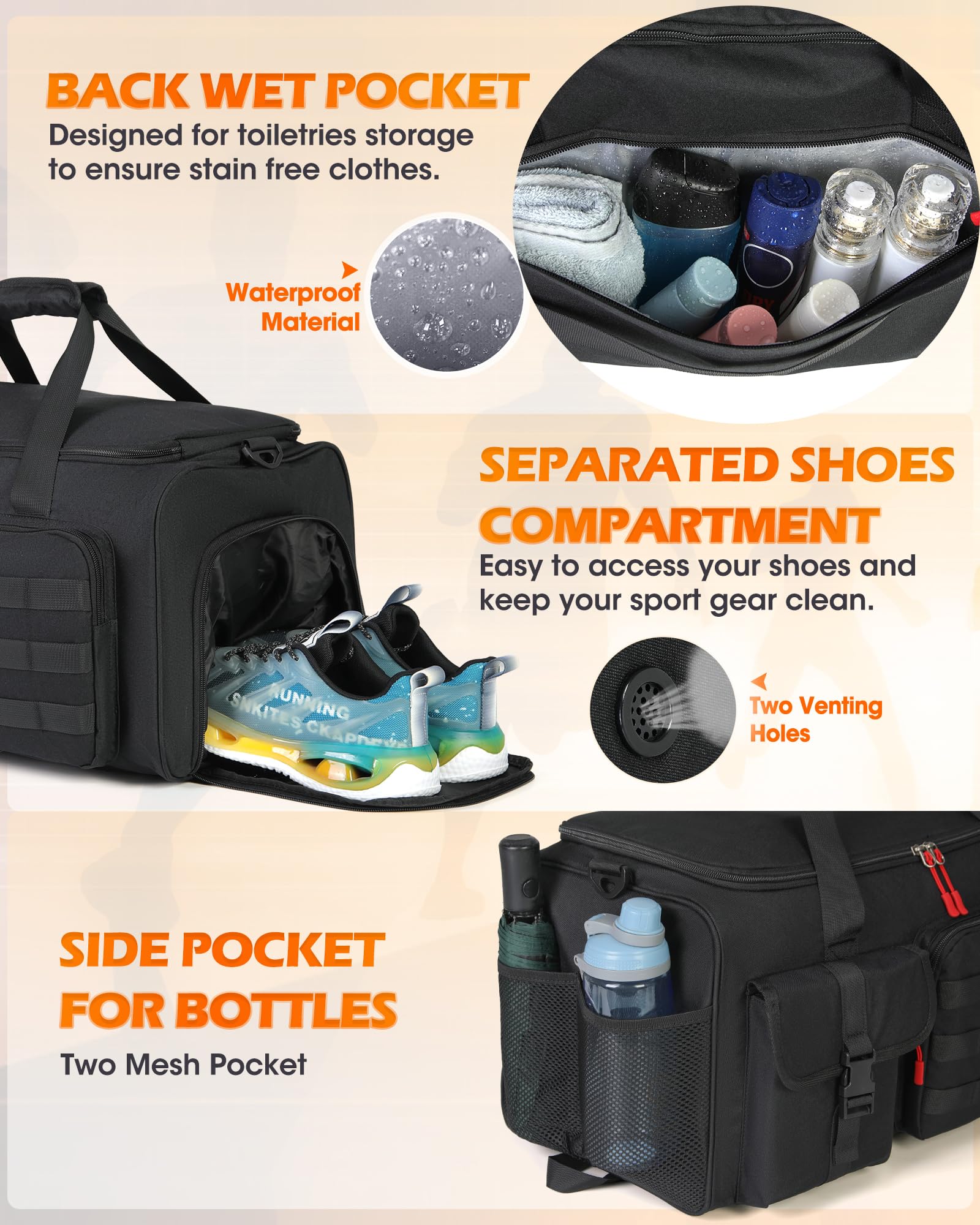 RAINSMORE Bolsa de deporte para hombres 45l deporte viaje bolsa de lona con zapato y portátil compartimiento Carryon Weekender Bag Overnight Mochila, Negro 1, 21x11.8x11.42 inches, Clásico
