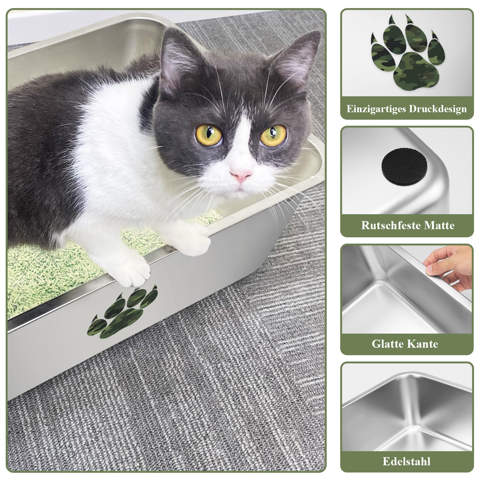 PTLOM Lettiera per gatti in acciaio inossidabile, grande lettiera per gatti in metallo, antispruzzo, inodore e antiaderente, adatta per gatti grandi e piccoli, conigli, mimetica Paw，60x40x20cm