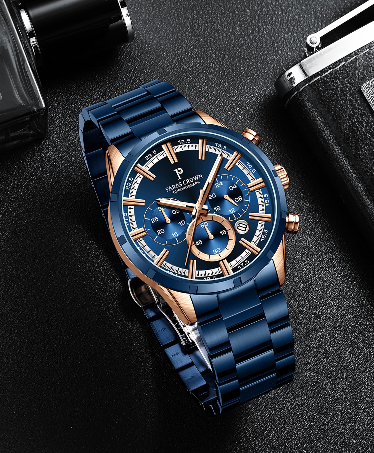 PC PARAS CROWN Orologio Uomo con Movimento al Quarzo Giapponese Cronografo Resistente all'Acqua 5 ATM Cassa in Acciaio Classico Elegante Orologio Cinturino in Silicone