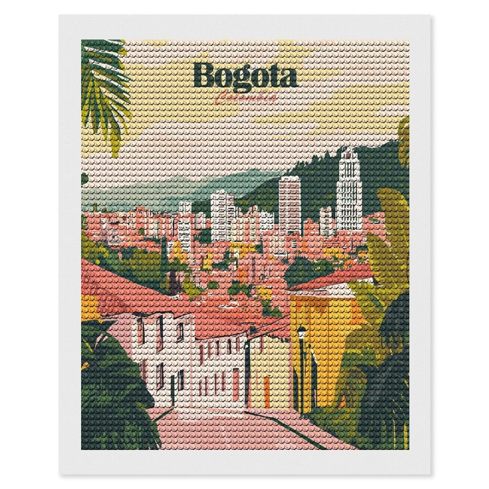 Junmoney Bogota Colombia Travel DIY Diamond Art Canvas Kit 16"x20", Adhesive Canvas, Easy to Enjoy, Farmhouse Decor, Festive Craft Gift