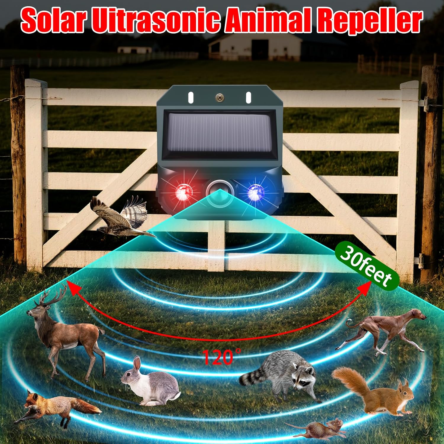 2026 4 Packs Solar Ultrasonic Nocturnal Animal Repeller,Ultrasonic Bird Cat Deterrent Outdoor for Yard Farm,Predator Lights with Red&Blue for Cat Fox,Effective Bear Repellent Outdoor for Chicken Coop