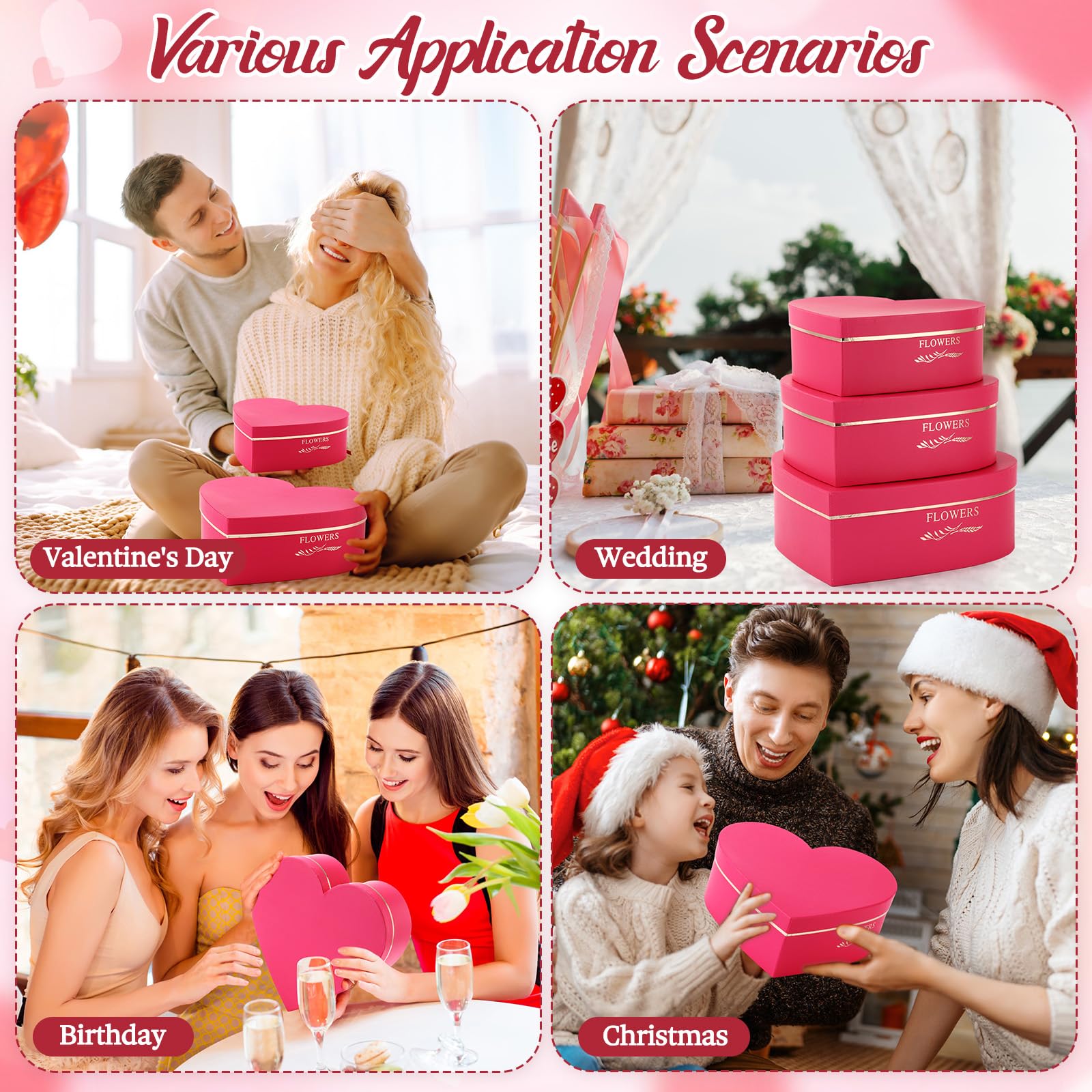 Glenmal Herzförmige Geschenkboxen mit Deckel, 100 g, geschreddertes Papier, stapelbar, Herz-Blumenkästen für Valentinstag, Hochzeit, Geburtstag, Babyparty, Geschenkverpackung, Rosenrot, 3 Stück