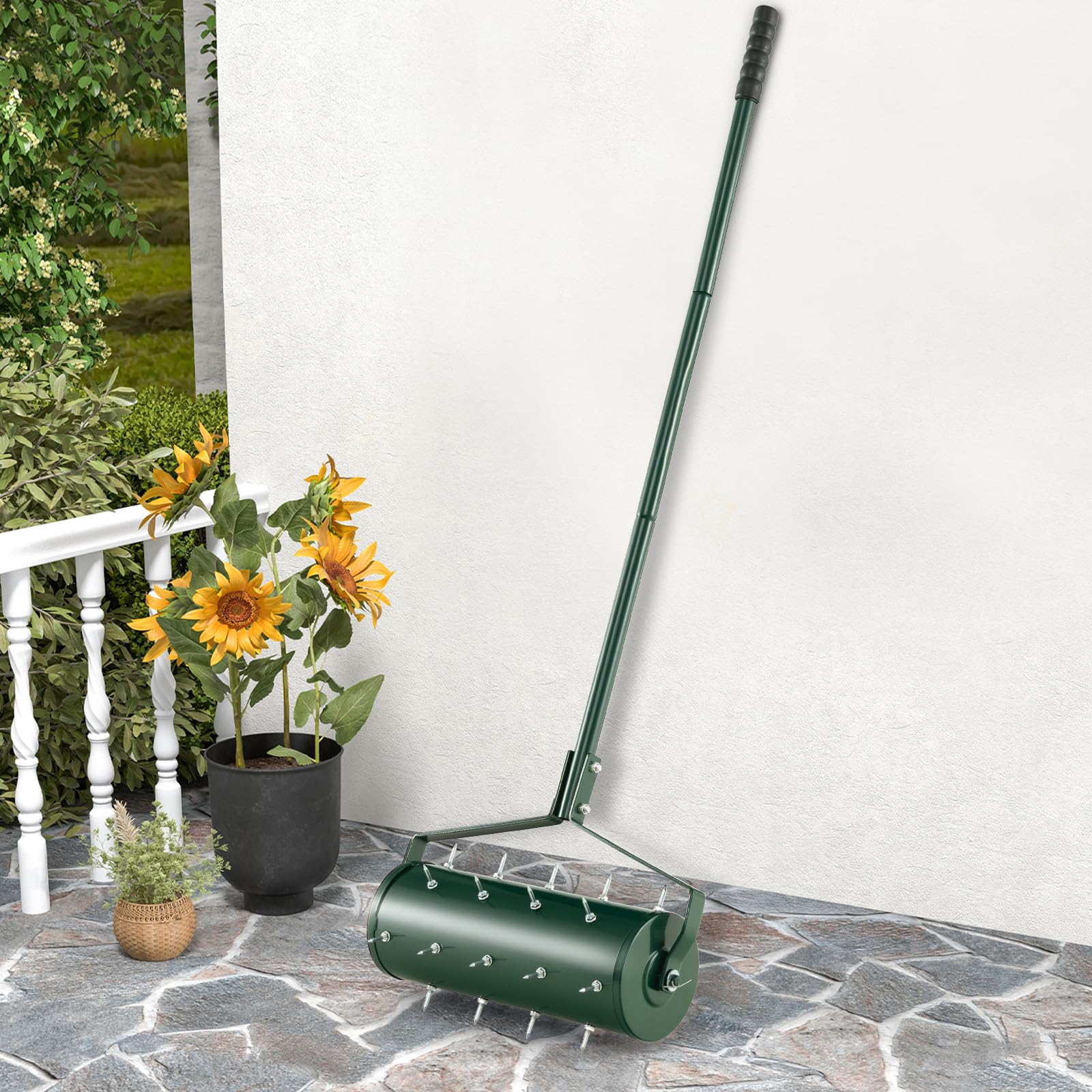 Wertykulator ogrodowy, ręczny wałek do trawy z kolcami, 45 cm/53 cm, z bębnem do napełniania i odłączaną rączką 130 cm, wytrzymały, obrotowy, stalowy, z zębami pchającymi i ciągnącymi (45 x