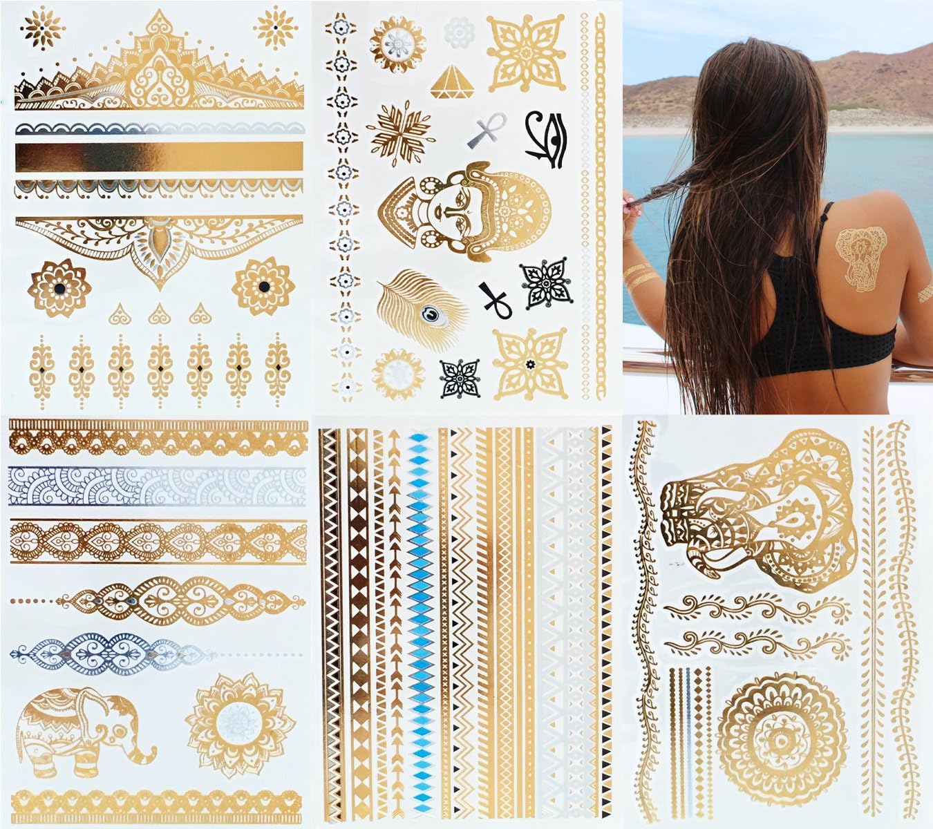 10 Sheets Modern Boho Metallic Tattoos Flash Gold/Silver Random Grab Pack