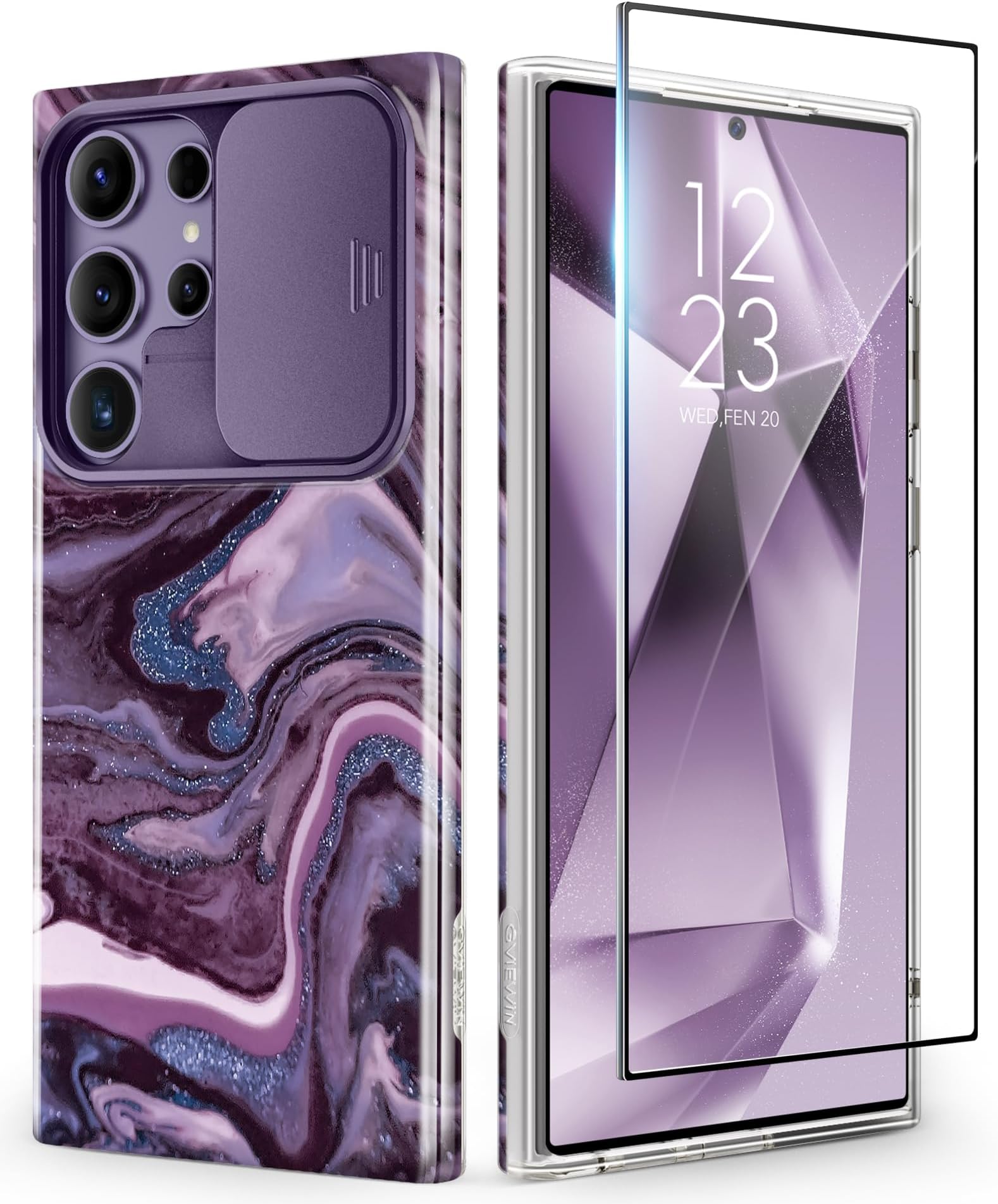 for Samsung Galaxy S24 Ultra Case with Slide Camera Cover+Screen Protector, [Military Grade Shockproof] Marble Protective Slim & Tough Phone Case for S24 Ultra 6.8"(Quicksand/Purple)
