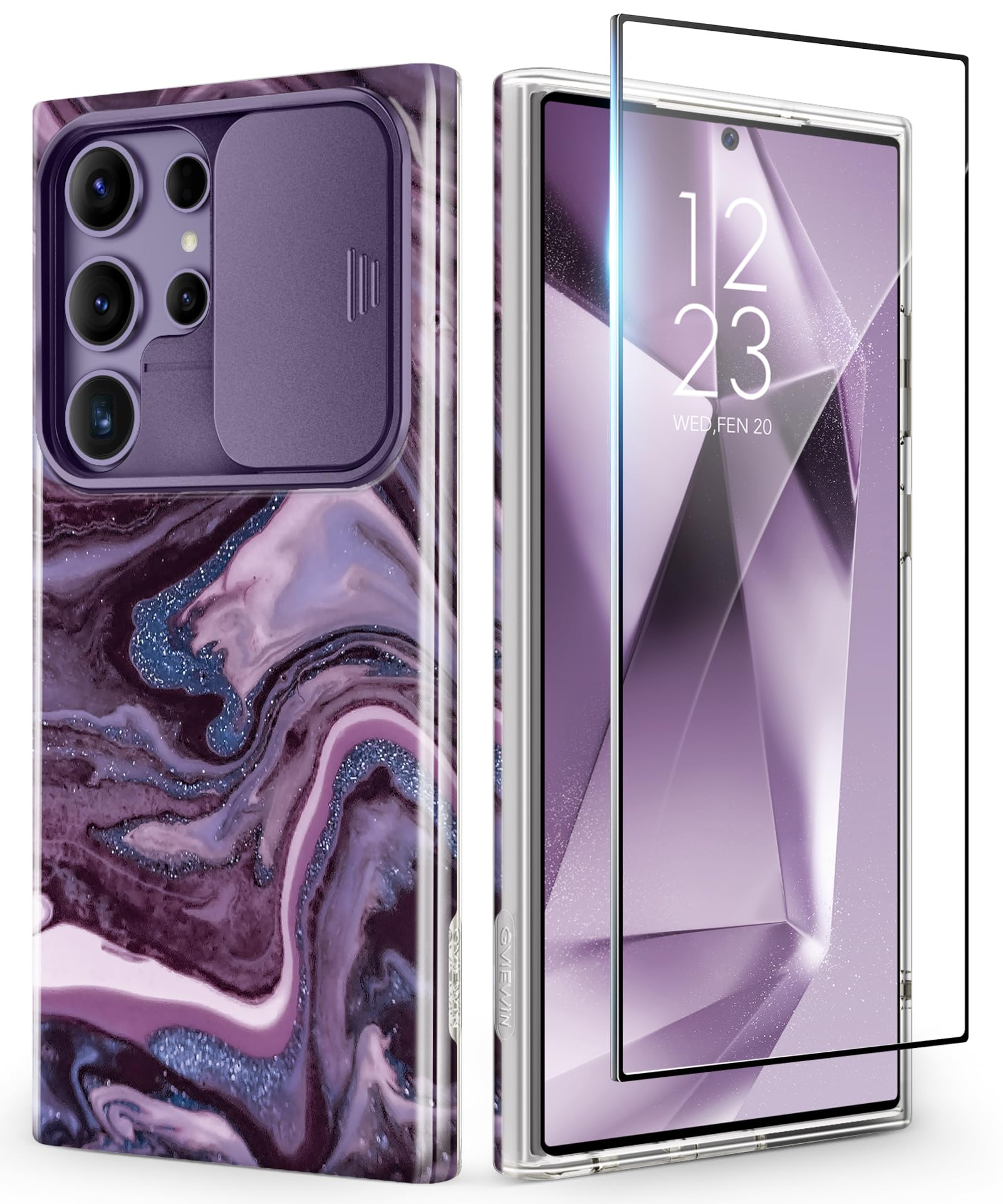 for Samsung Galaxy S24 Ultra Case with Slide Camera Cover+Screen Protector, [Military Grade Shockproof] Marble Protective Slim & Tough Phone Case for S24 Ultra 6.8"(Quicksand/Purple)