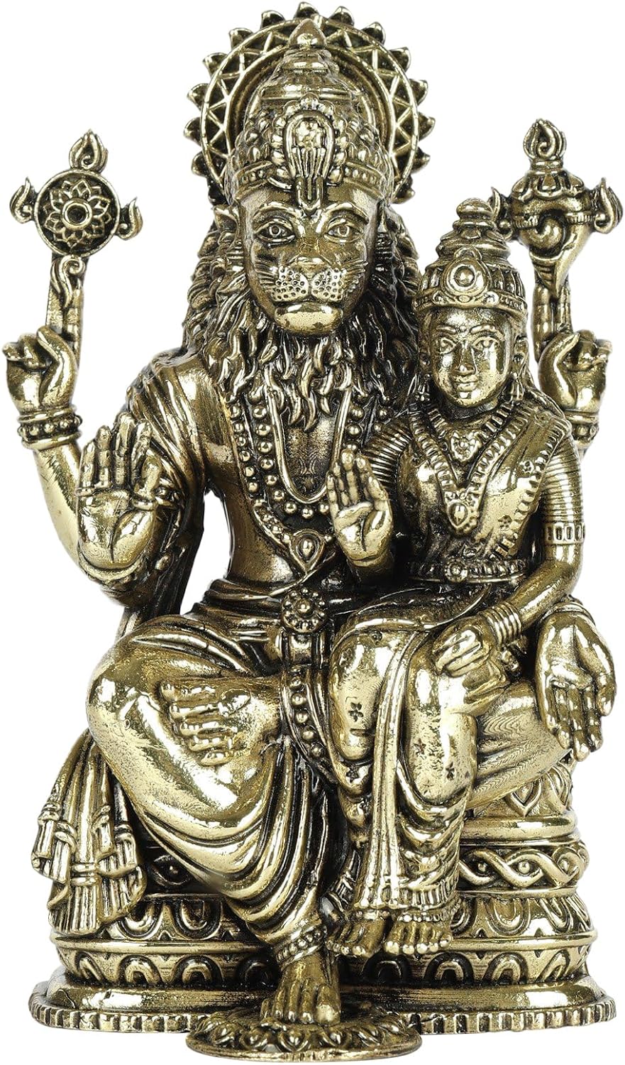 Exotic India Small Superfine Sitting Lord Narasimha with Devi Lakshmi Brass Statue for Puja Home Temple Murti Home Décor