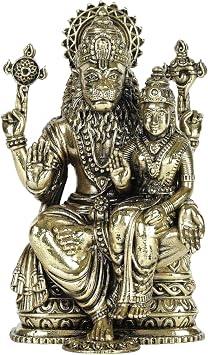 Exotic India Small Superfine Sitting Lord Narasimha with Devi Lakshmi Brass Statue for Puja Home Temple Murti Home Decor