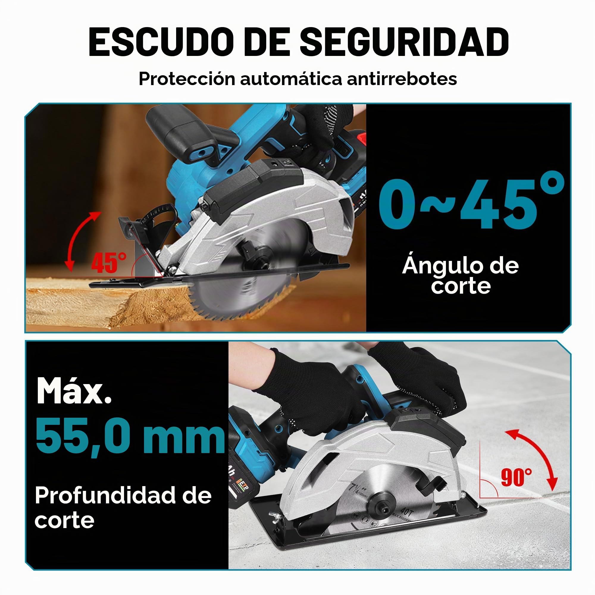 ONEVAN Sierra Circular a Batería con Láser 125mm Profundidad 60mm y 2x4.0Ah | Guía láser precisa, 1200W motor sin escobillas, 0-45° corte en bisel, 4000 RPM, Para madera, plástico & metales