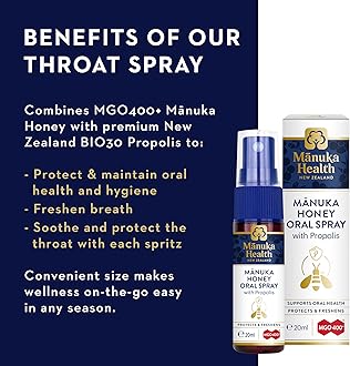 Manuka Health, Manuka Honey Throat Spray with Propolis .67 fl oz, Protects & Freshens, MGO 400+, BIO30 New Zealand Propolis