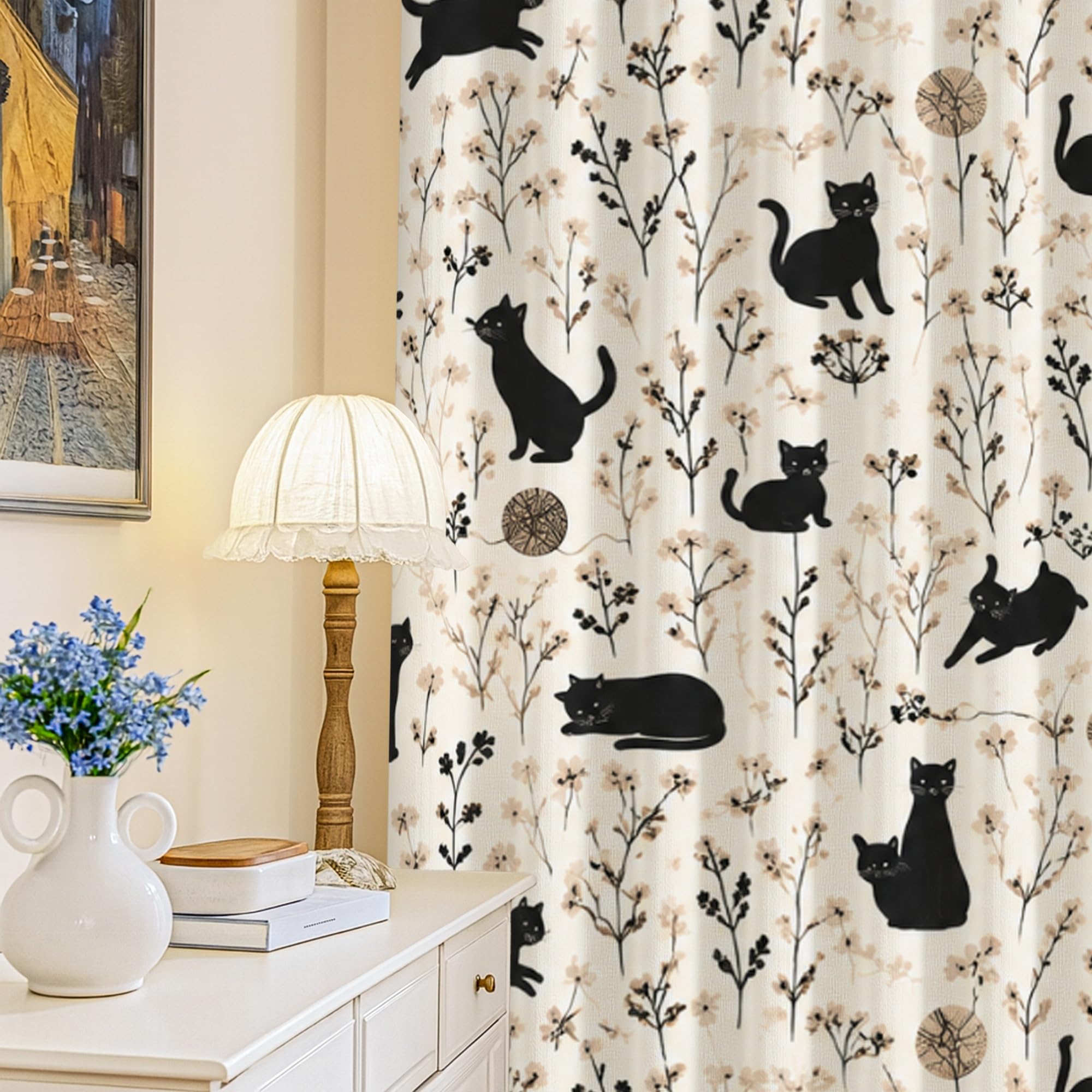 Rideau occultant anti reflet bureau motif chat feuilles 132x213 cm