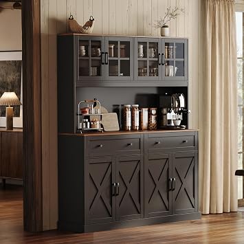 PRAISUN 71''H x 55.1''W Pantry Cabinet with Charging Station, 4 Wide Cabinets Kitchen Pantry with 2 Drawers, Farmhouse Hutch Storage Cabinet, Tall Coffee Bar, Acrylic Door, Adjustable Shelves, Black