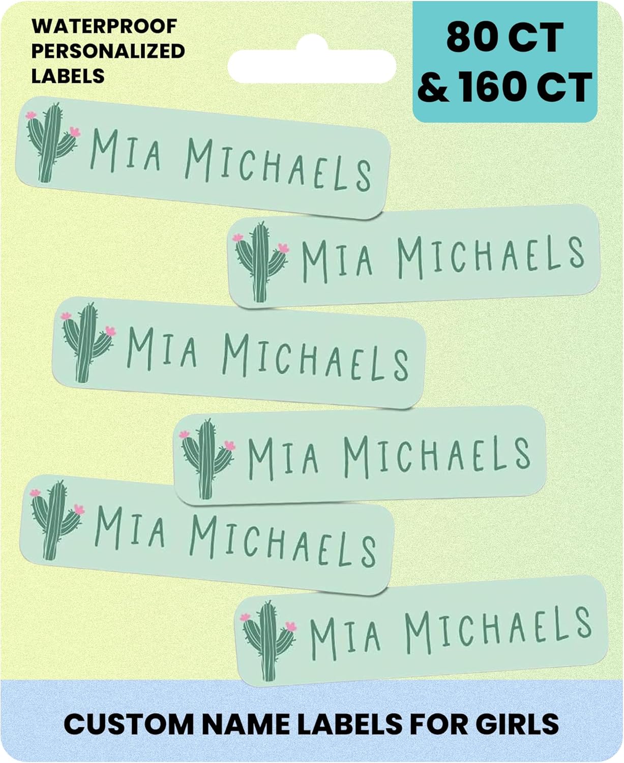 Label Daddy – Custom Name Labels for Girls – Waterproof Personalized Name for Daycare, School & Camp | No Iron Needed | Durable Labels for Bottles, Backpacks & More – Cactus Design | 80 Ct & 160 Ct