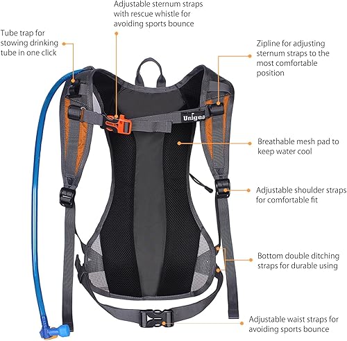 Vista 10 de Unigear Mochila de hidratación con vejiga de agua de 70 oz 2L para correr, senderismo, ciclismo, escalada, campamento, ciclismo Gris