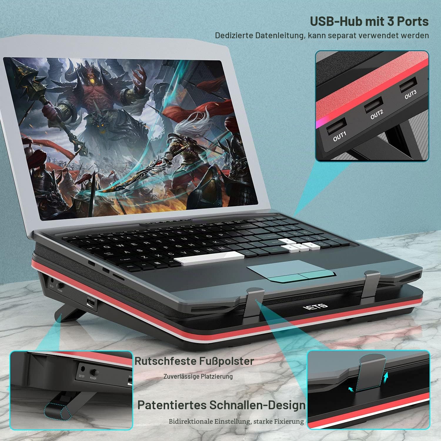 IETS, GT500 Leistungsstarker Turbo-Lüfter (5000 U/min) Laptop-Kühler mit stufenloser Geschwindigkeitsregelung, versiegeltem Schaumstoff für schnelle Kühlung von Gaming-Laptops, geeignet für Laptops