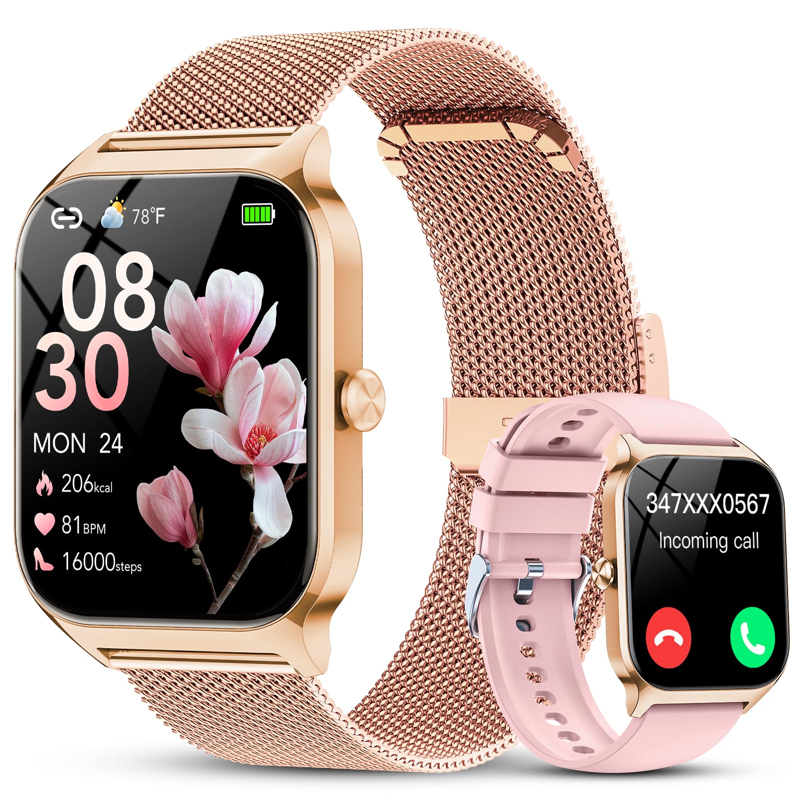 Reloj Inteligente Mujer con Llamadas Bluetooth Asistente IA, Whatsapp Notificaciones,1.85"Smartwatch Mujer con Pulsómetro/SpO2/Estrés/Monitor de Sueño,120+Modos Deportes para iPhone Android(2 Correas)