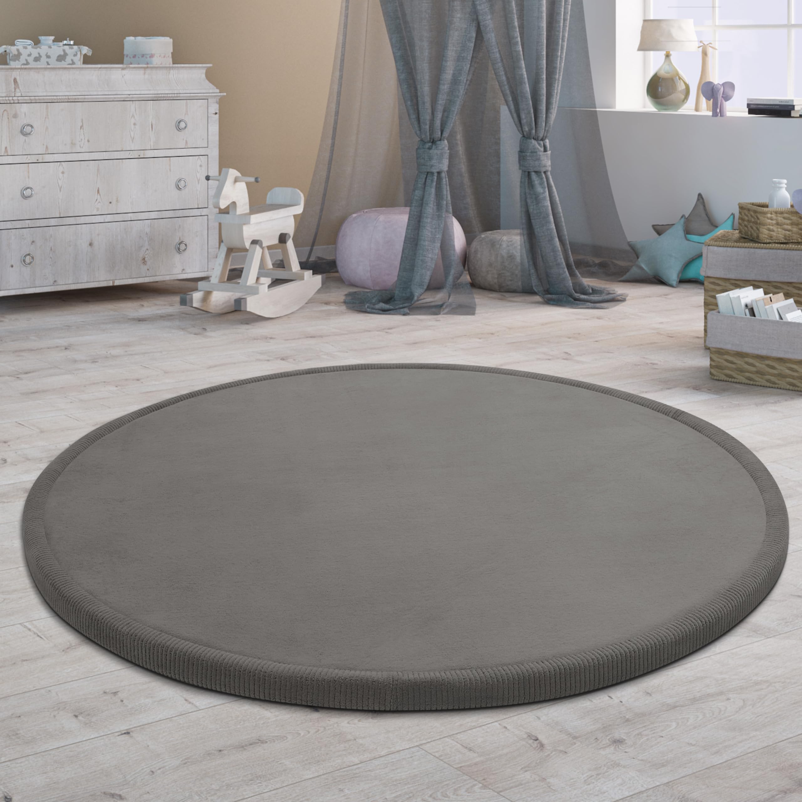 Paco Home Teppich Kinderzimmer Rund Kinderteppich Baby Spielteppich Krabbeldecke Krabbelmatte Weich rutschfest Moderne Deko, Grösse:200 cm Rund, Farbe:Grau