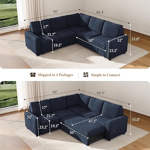 Miniatura 2 de Vesgantti Sofá modular de 88.4 pulgadas con cama extraíble, sofá modular en forma de L de 5 plazas con almacenamiento, cómodo sofá modular de
