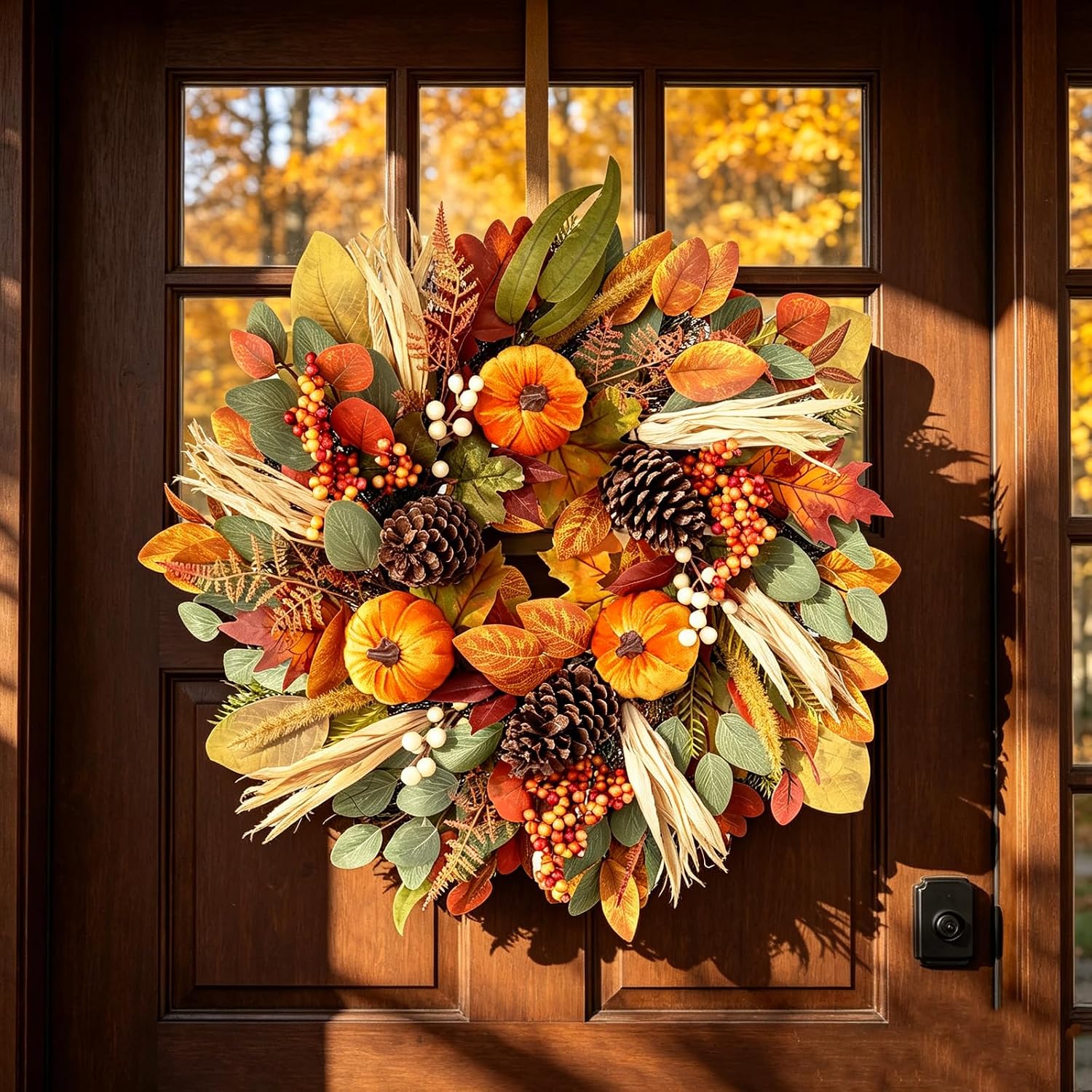 26Inch Full Fall Wreaths for Front Door Outside, Autumn Harvest Wreath, Large Autumn Wreath with Maple Leaves,Pumpkins, Pinecones and Berries, Fall Wreath for Porch Thanksgiving & Harvest Fall Decor